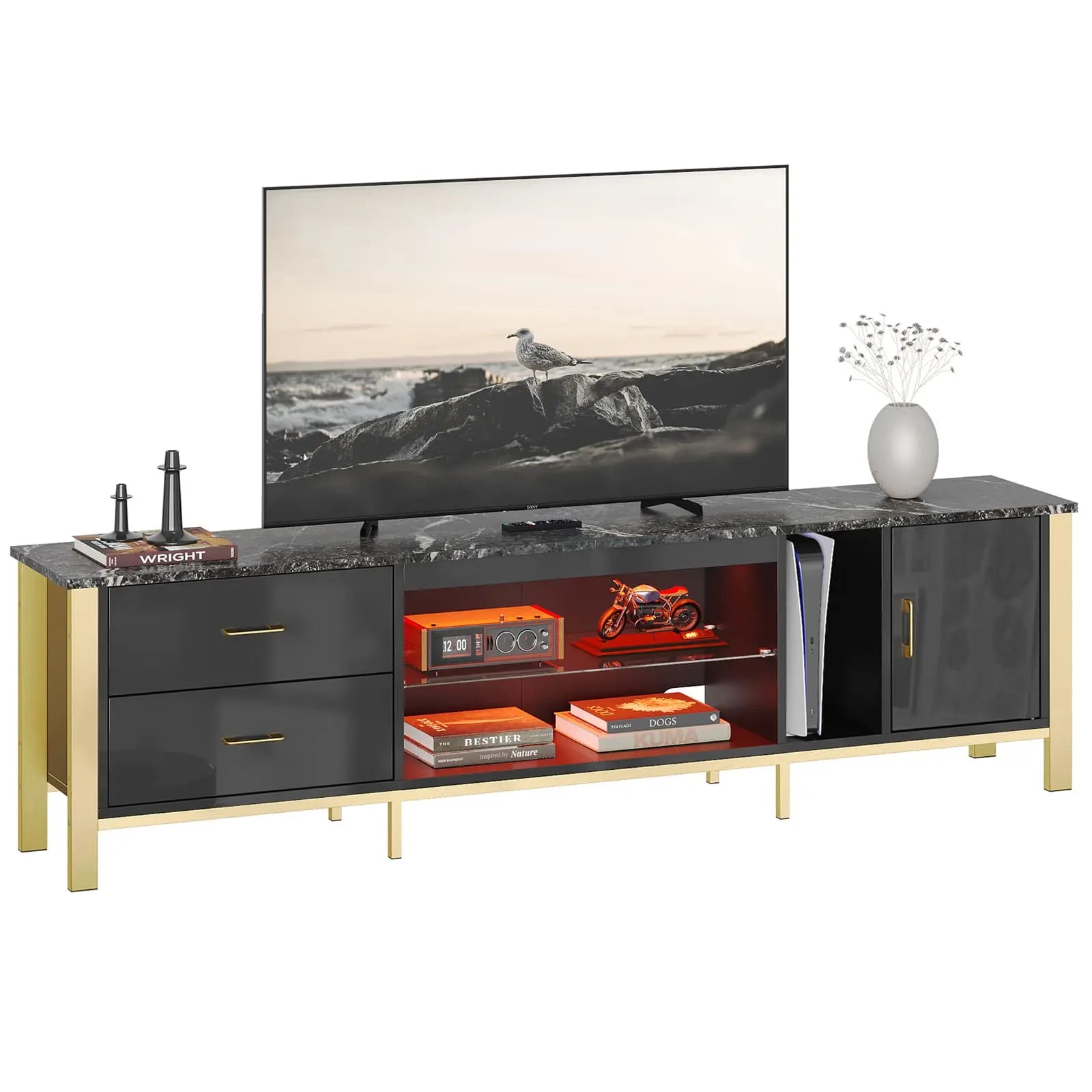 80 inch led gaming tv stand with glass shelves Bestier