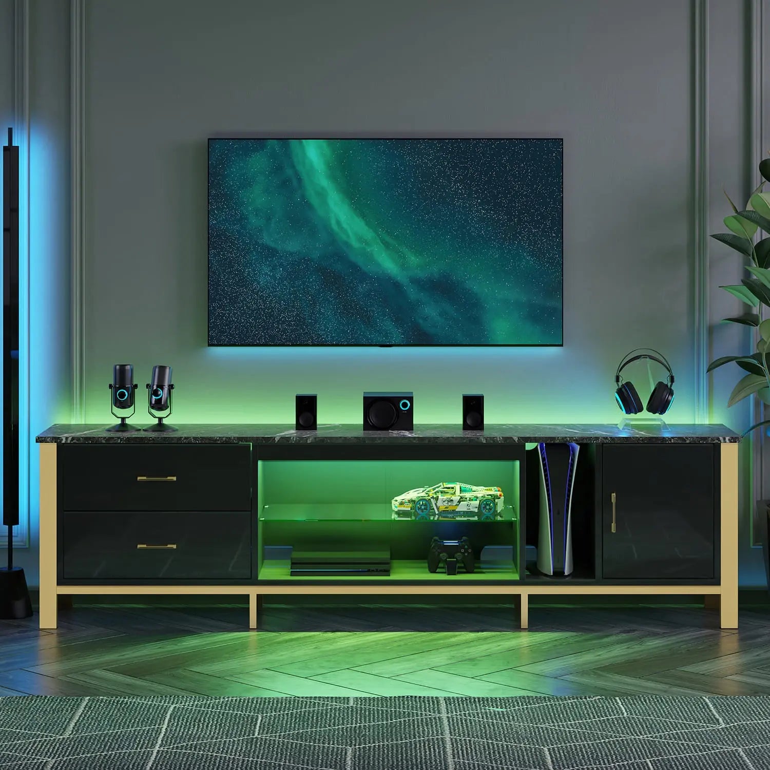 80 inch led gaming tv stand with glass shelves Bestier