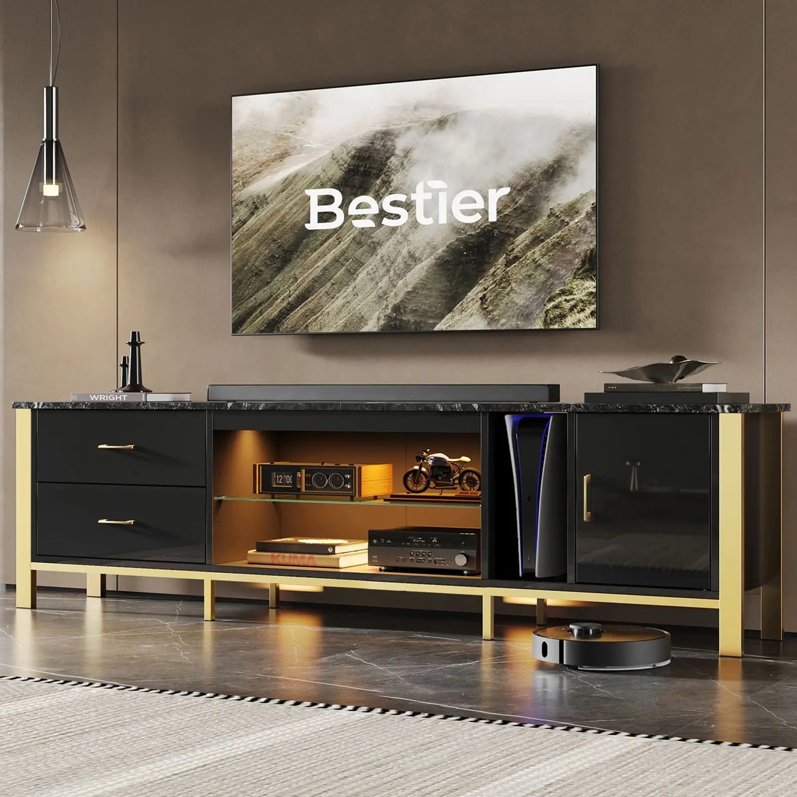 80 inch led gaming tv stand with glass shelves Bestier