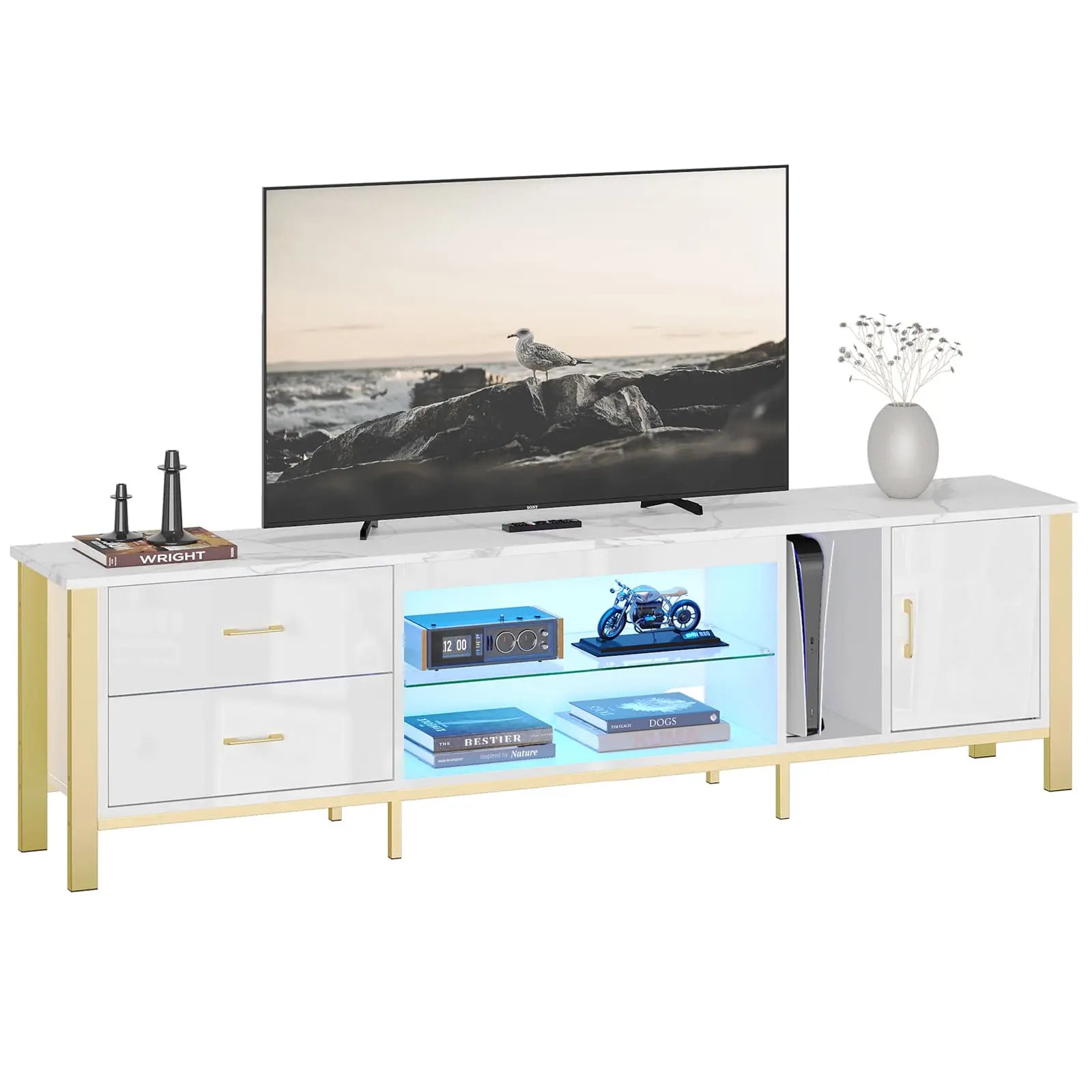 80 inch led gaming tv stand with glass shelves Bestier