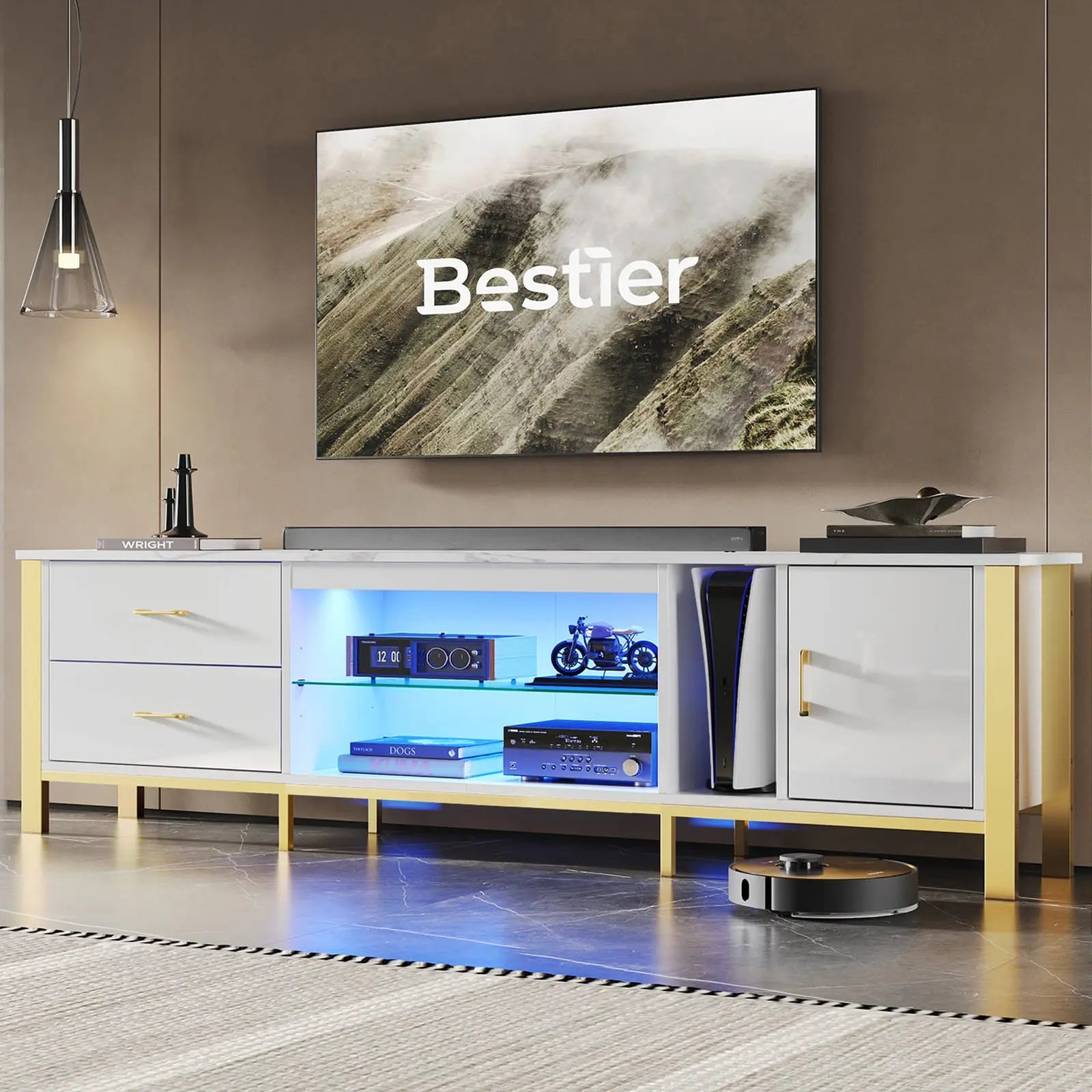 80 inch led gaming tv stand with glass shelves Bestier