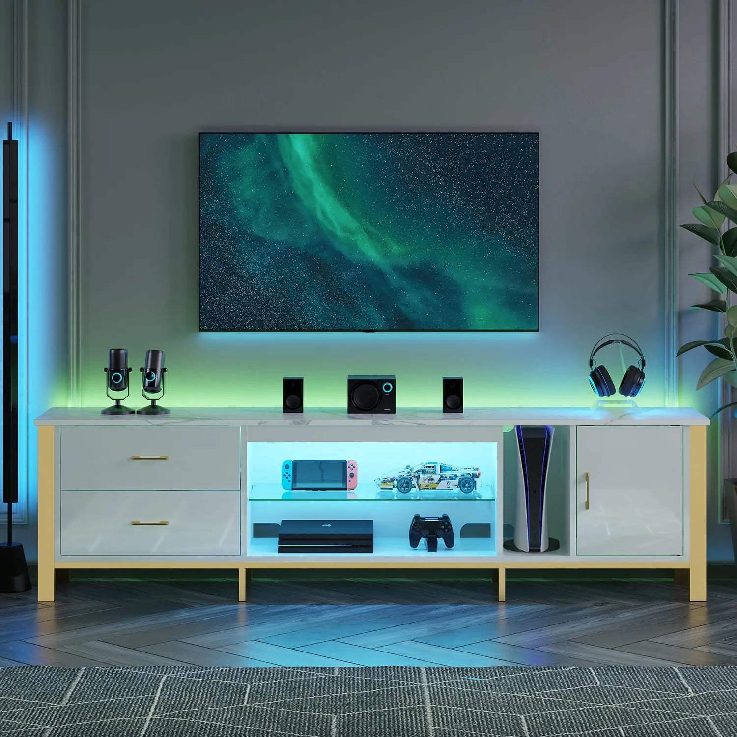 80 inch led gaming tv stand with glass shelves Bestier