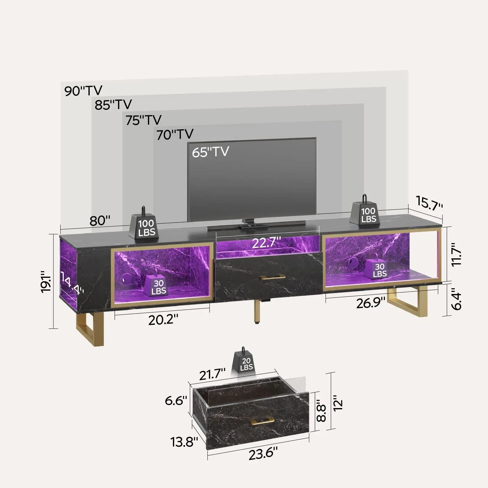 80 inch led gaming entertainment center with open storage Bestier