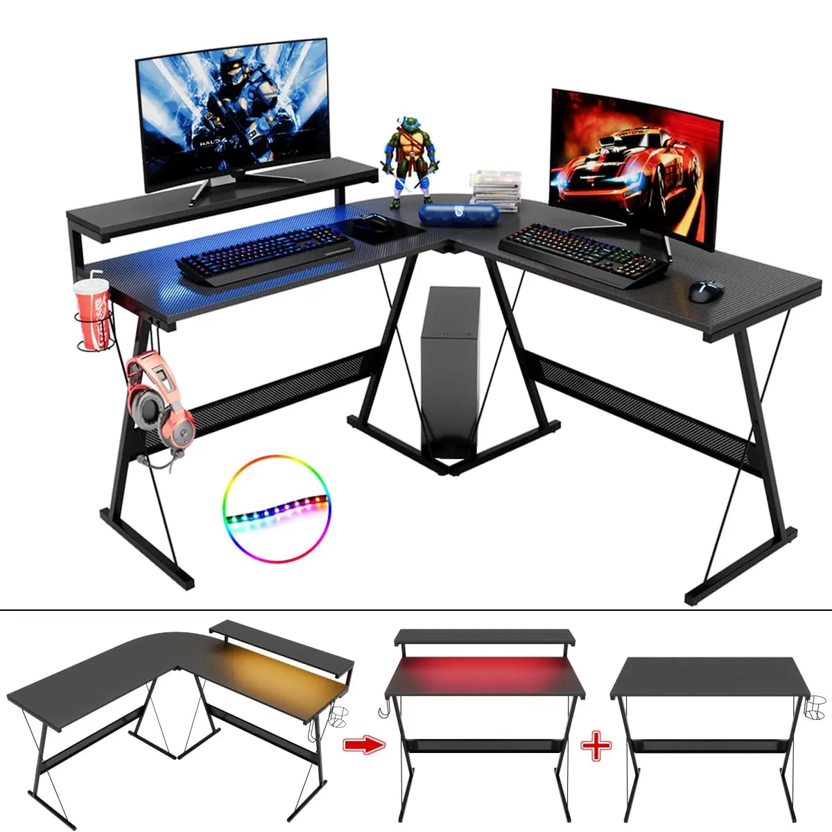 the l shaped gaming desk with cup holder in the white background