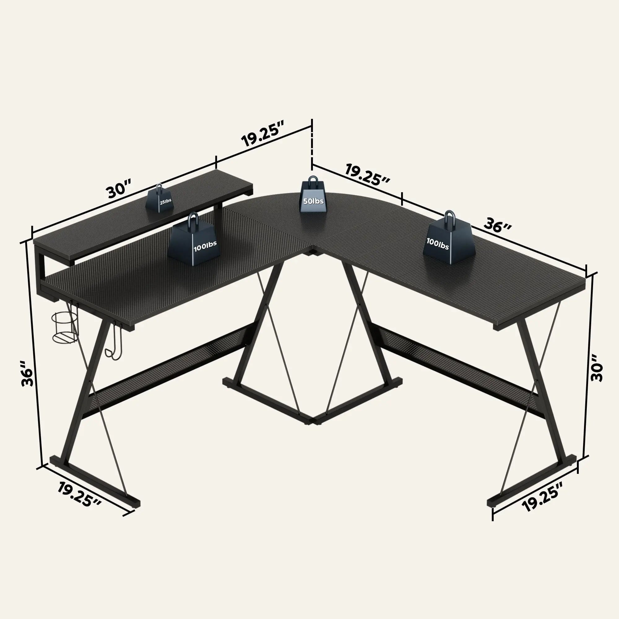 the size of this l shaped gaming desk with cup holder