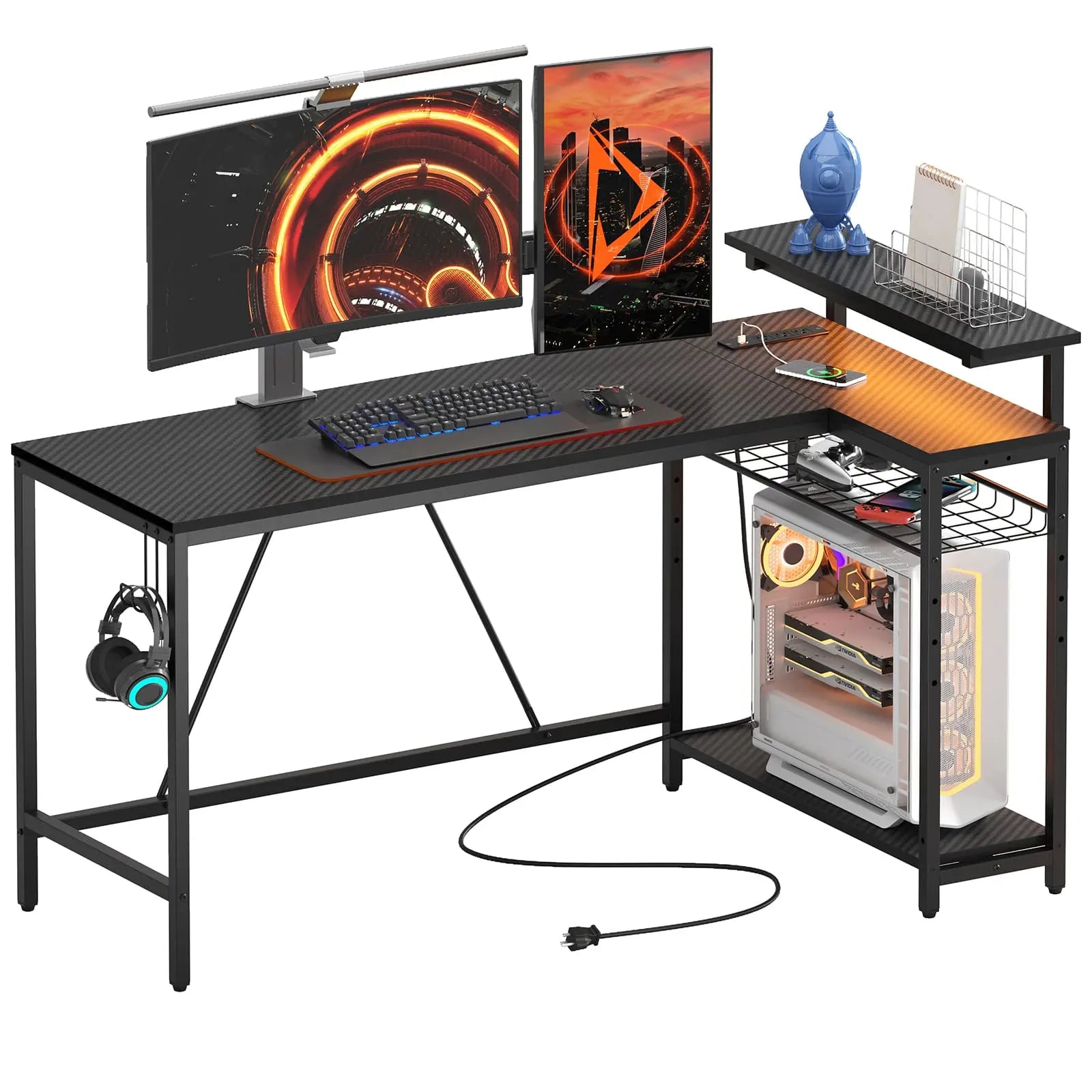 the black led l shaped gaming desk in the white background