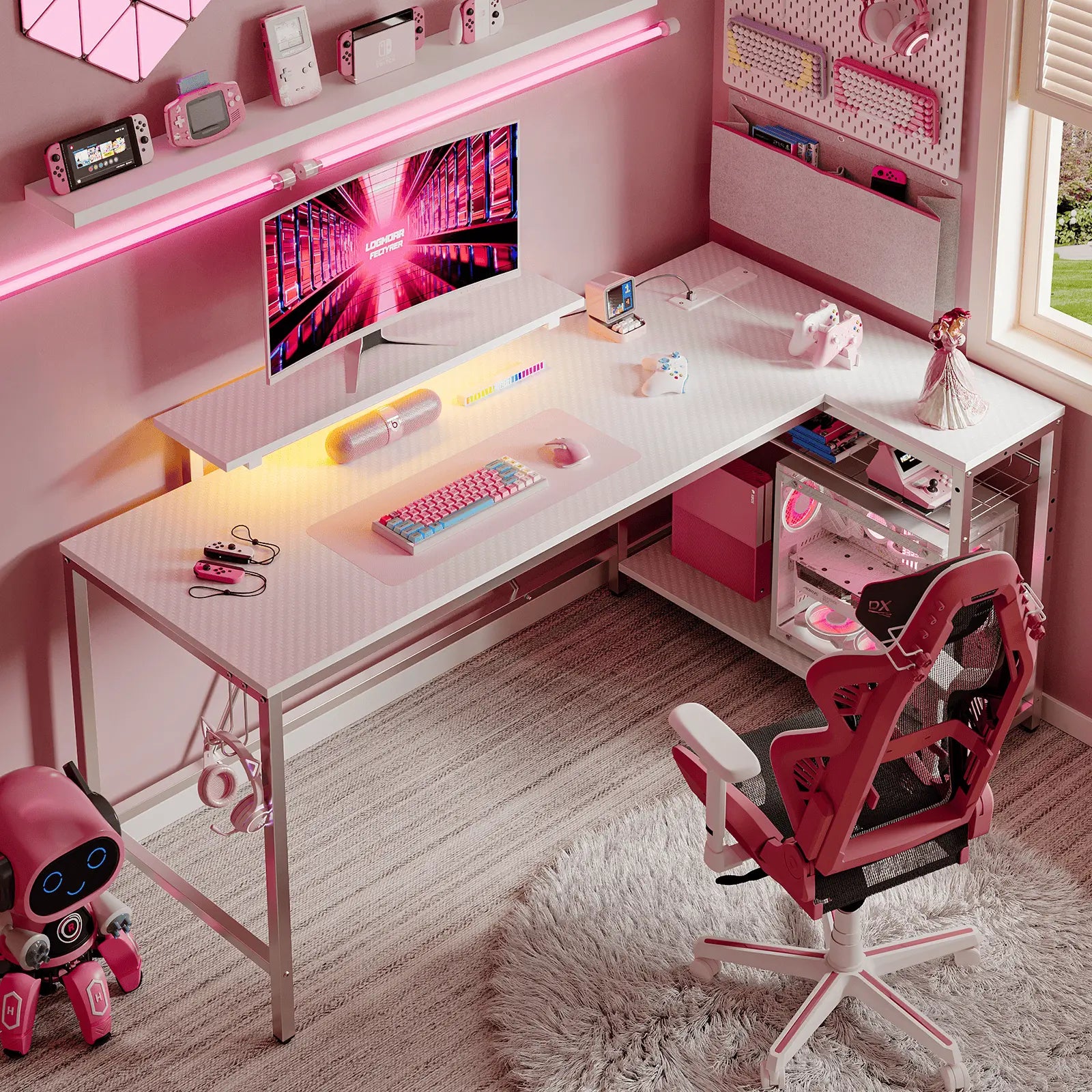 the white led l shaped gaming desk in a room