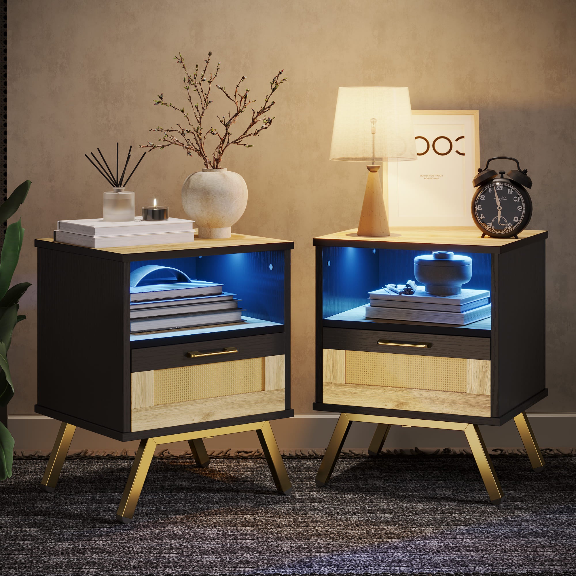 led rattan end table set of two in a room