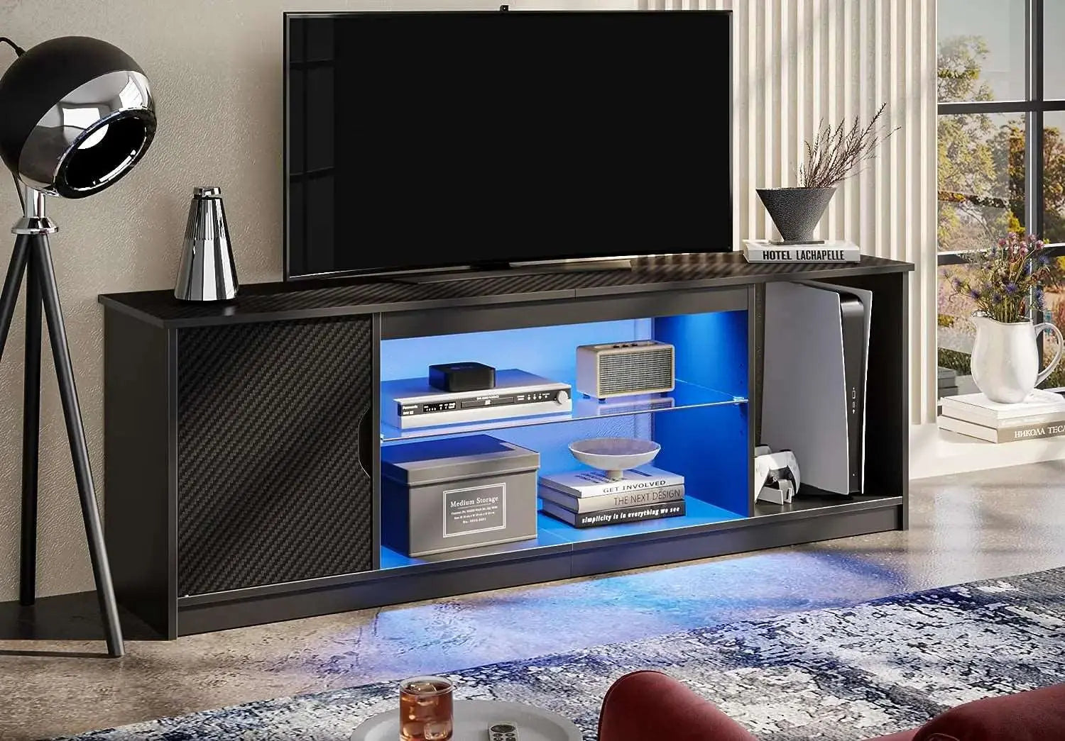 Bestier Led Entertainment Center for PS5, Gaming TV Stand of Black Carbon Fiber with Cabinet for 65/70 Inch TV, Modern TV Console with Adjustable Glass Shelf for Living Room Bedroom Gaming Room Easy Assembly Carbon Fiber