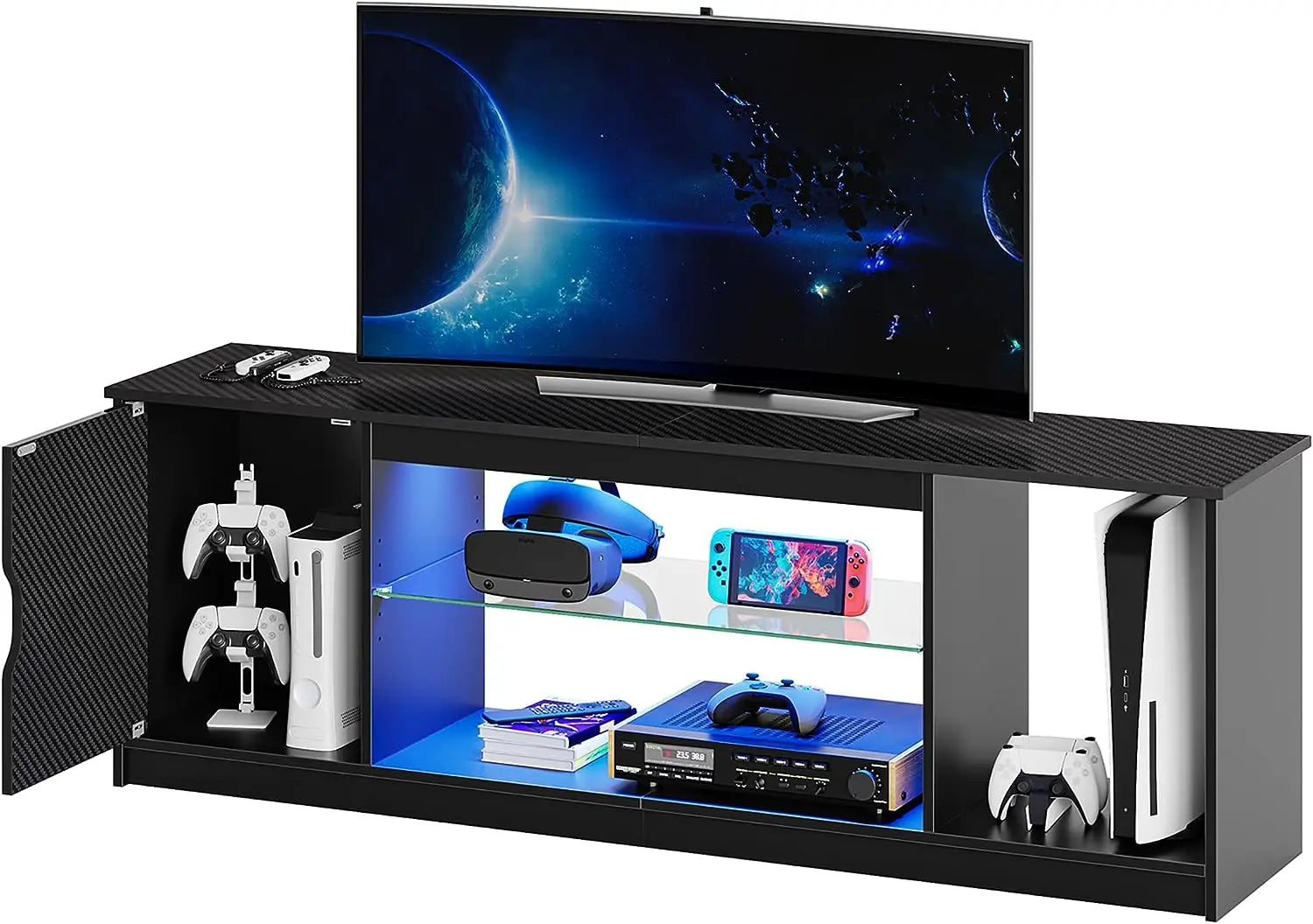 Gaming TV Stand with Cabinet for 65/70 Inch TV, Modern TV Console with Adjustable Glass Shelf