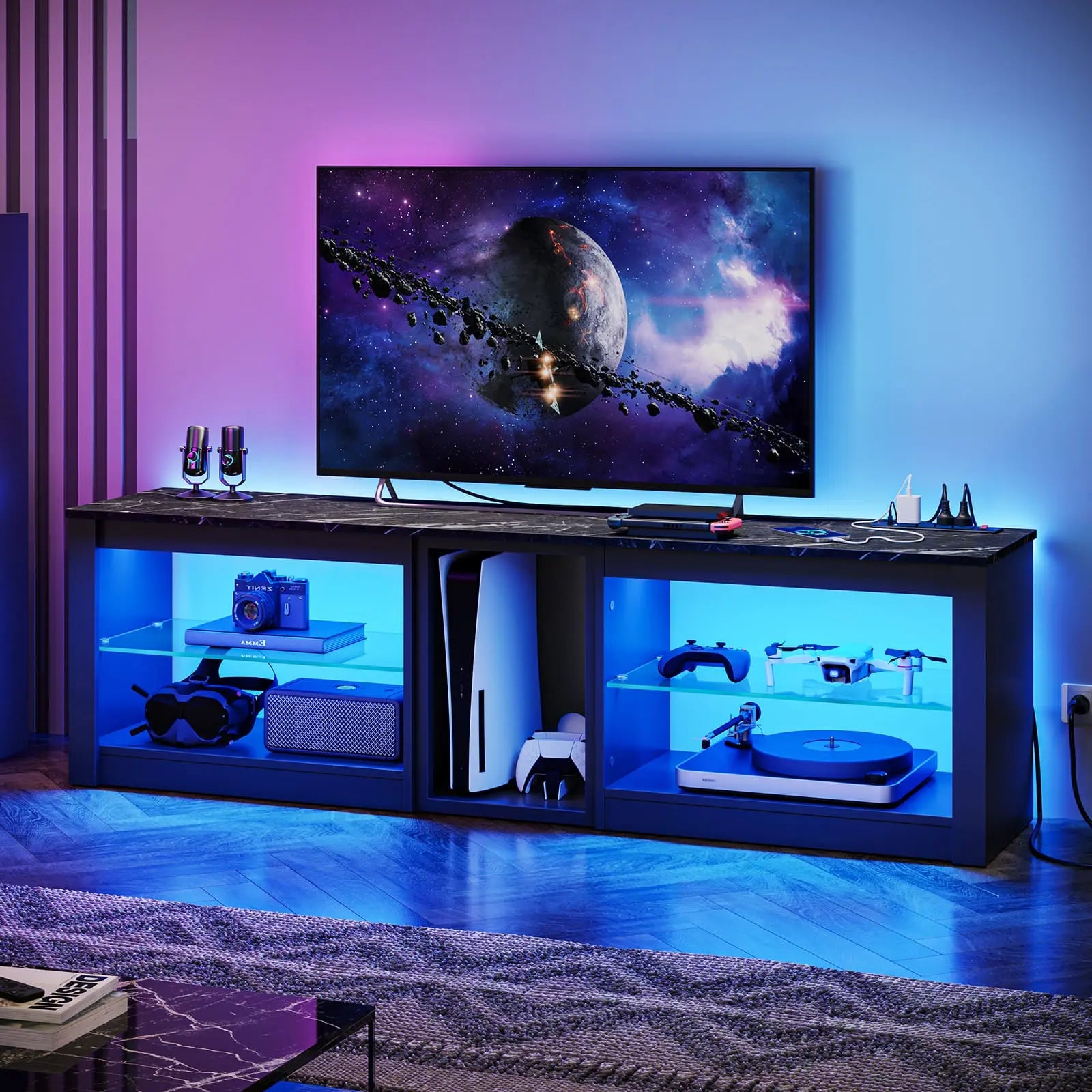 the black marble led tv stand with glass shelves in a gaming room