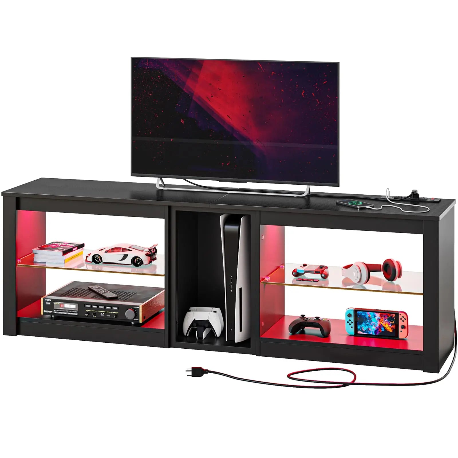 the black led tv stand with glass shelves in the white background