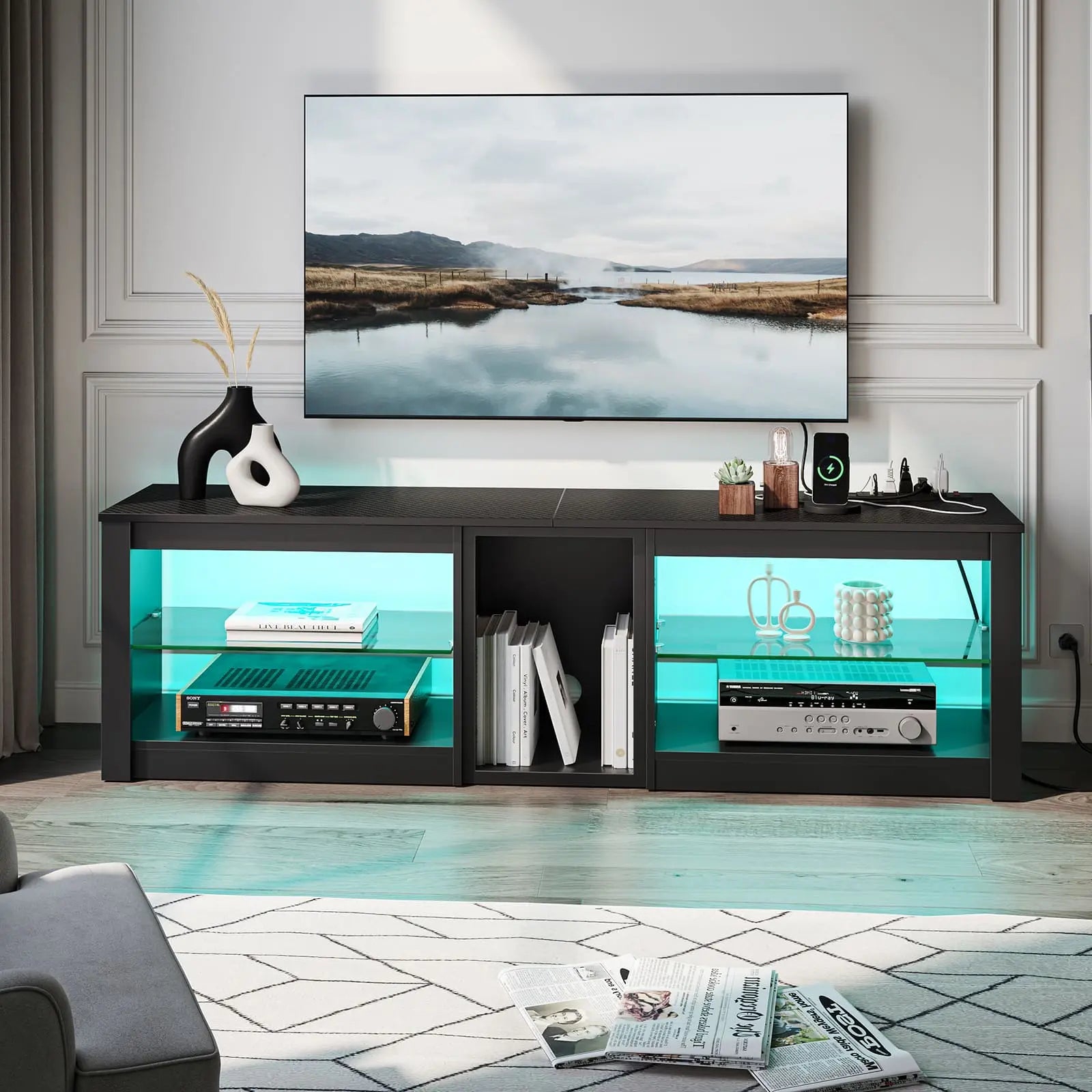 the black led tv stand with glass shelves