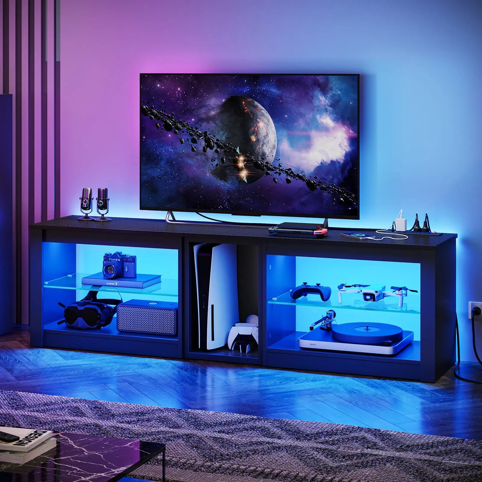 the black led tv stand with glass shelves in a room