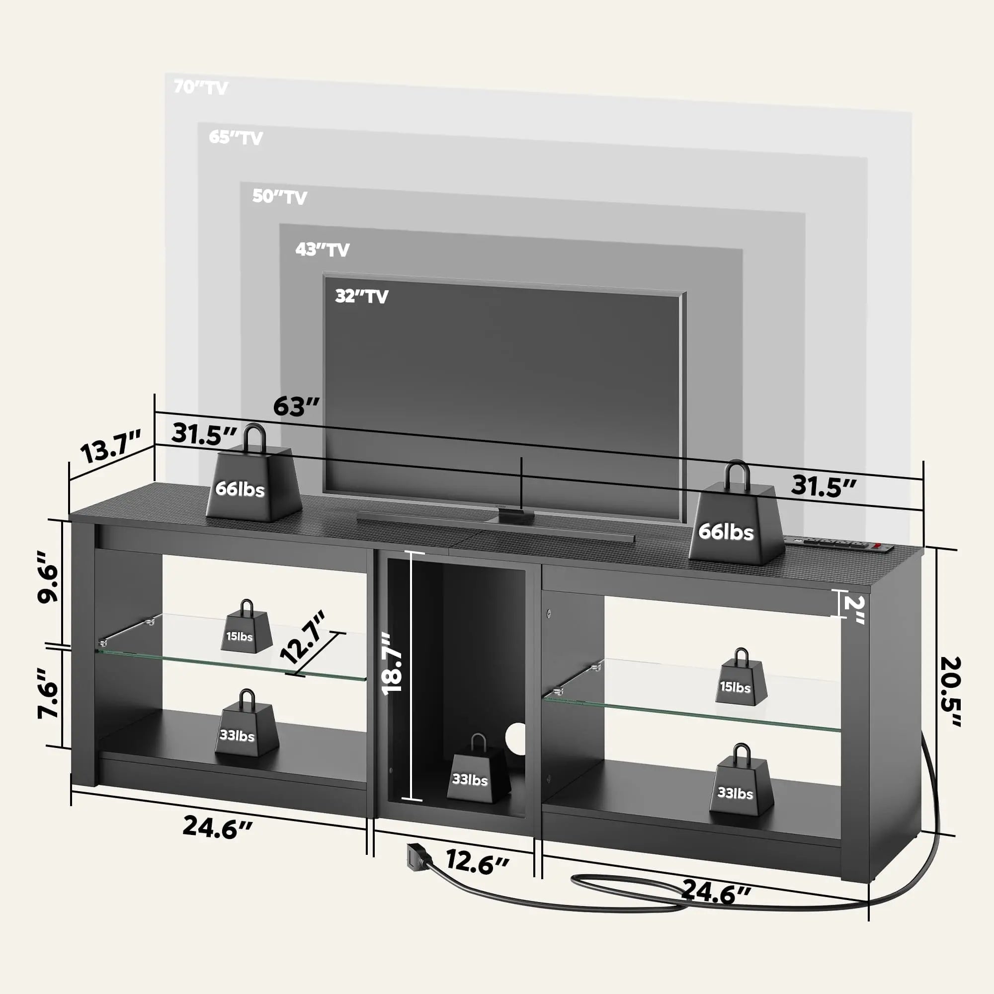 the size of this led tv stand with glass shelves