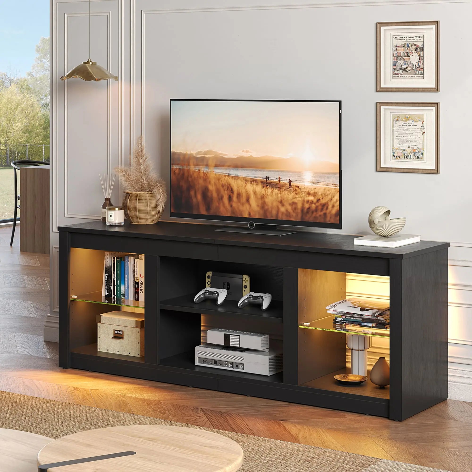 the black led tv stand in a cozy room