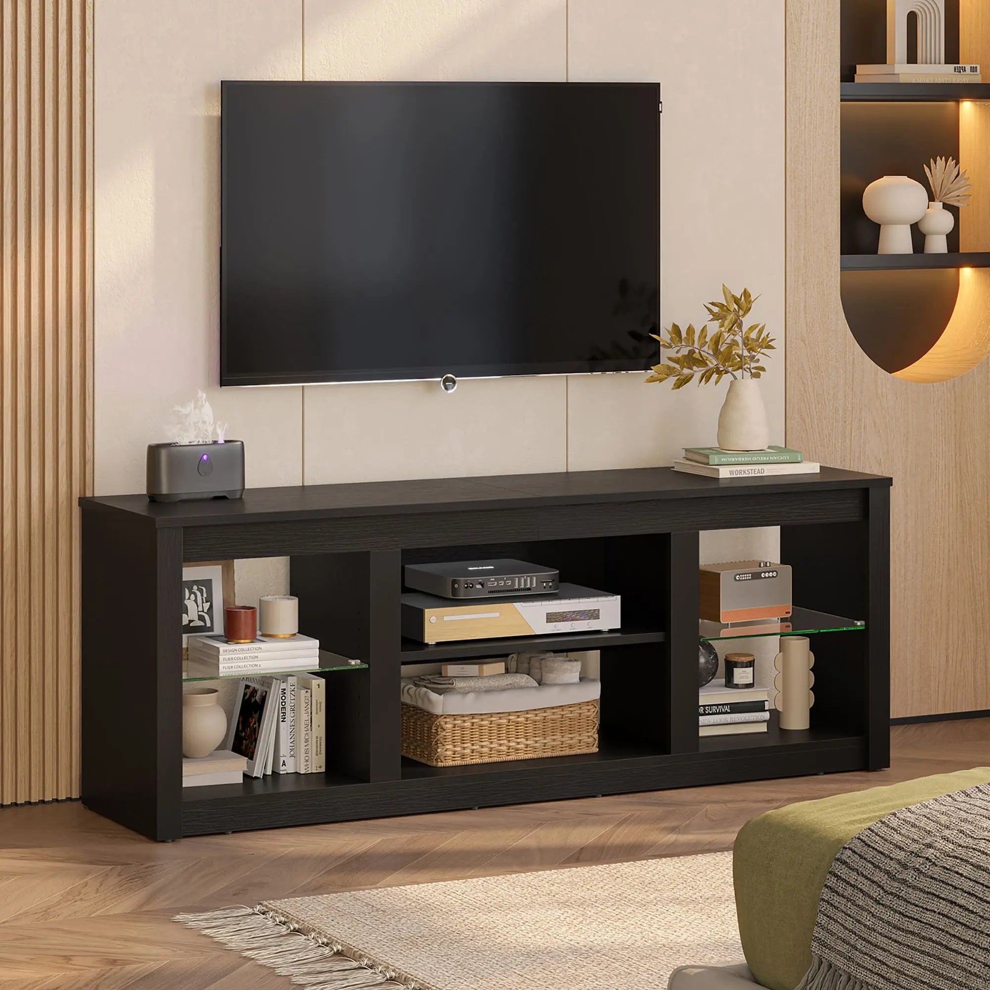 Beautiful WOOD and buy GLASS-top shelves TV/