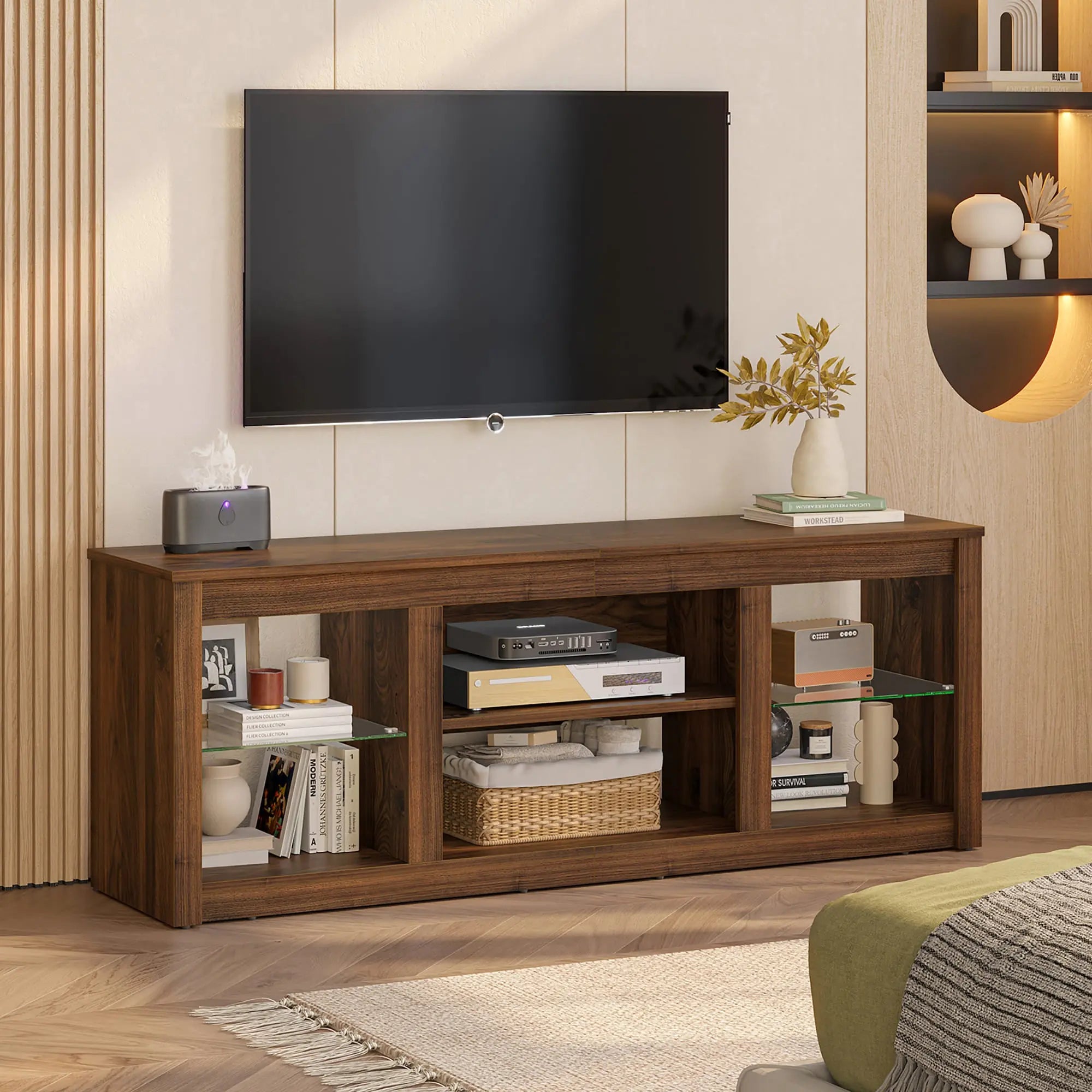 the brown led tv stand with glass shelves in a room