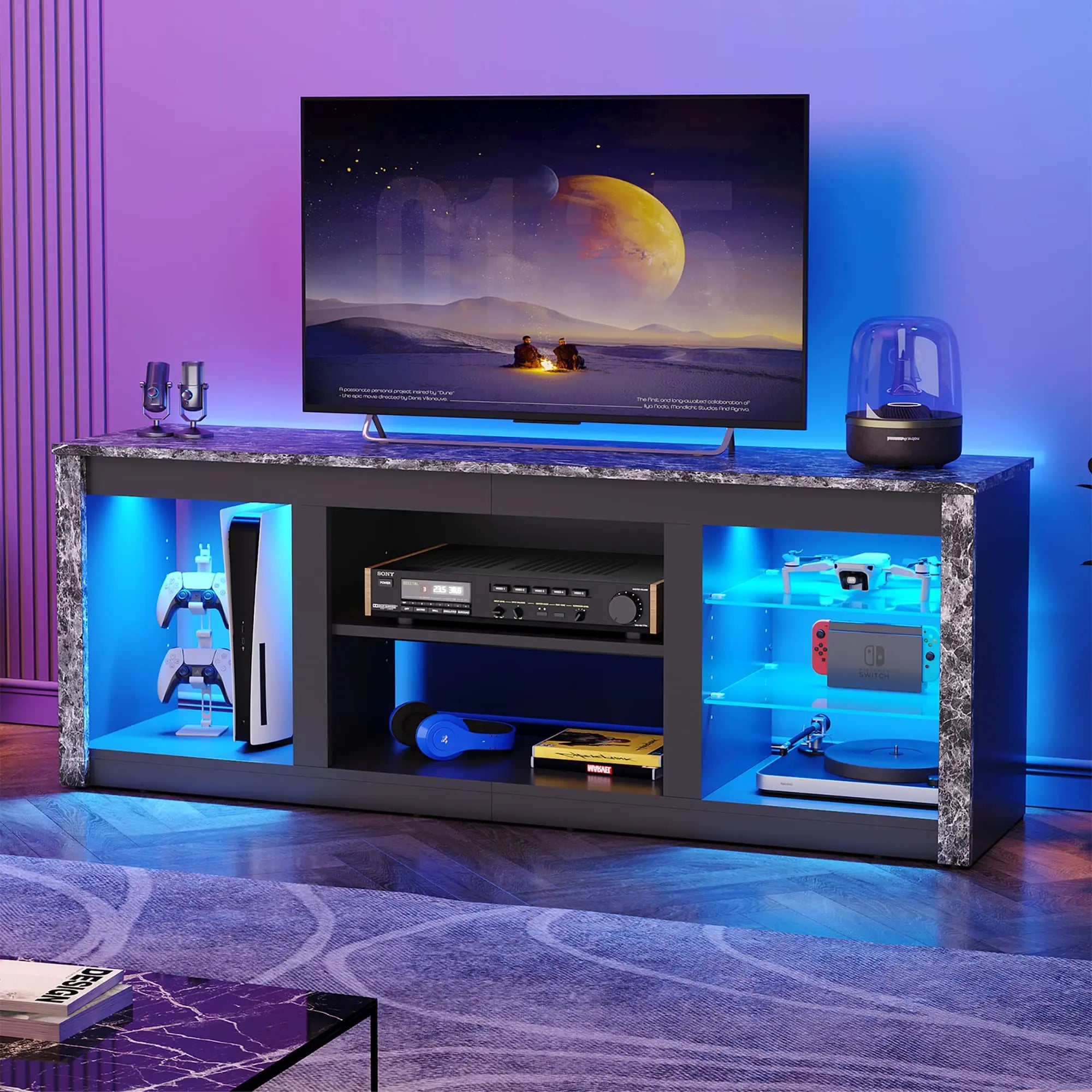 the black marble entertainment center in a room