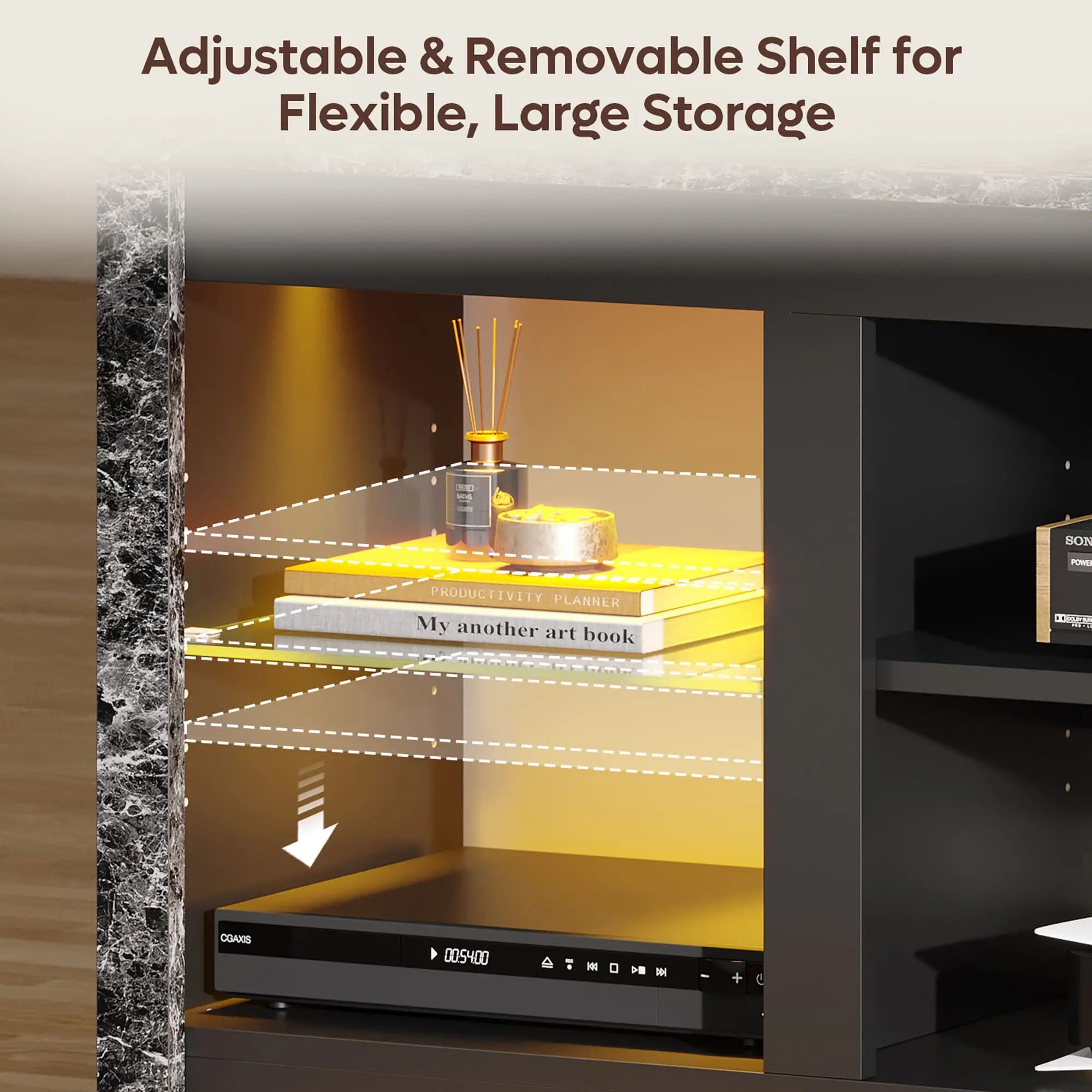 the adjustable and removable shelves of this led tv stand