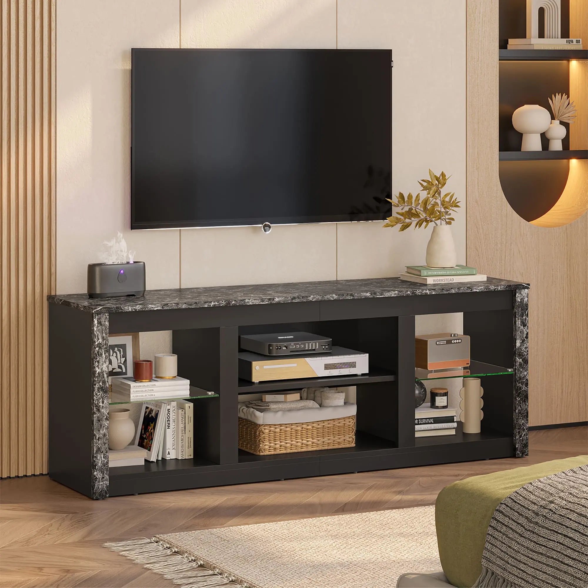 the black marble led tv stand with glass shelves in a room