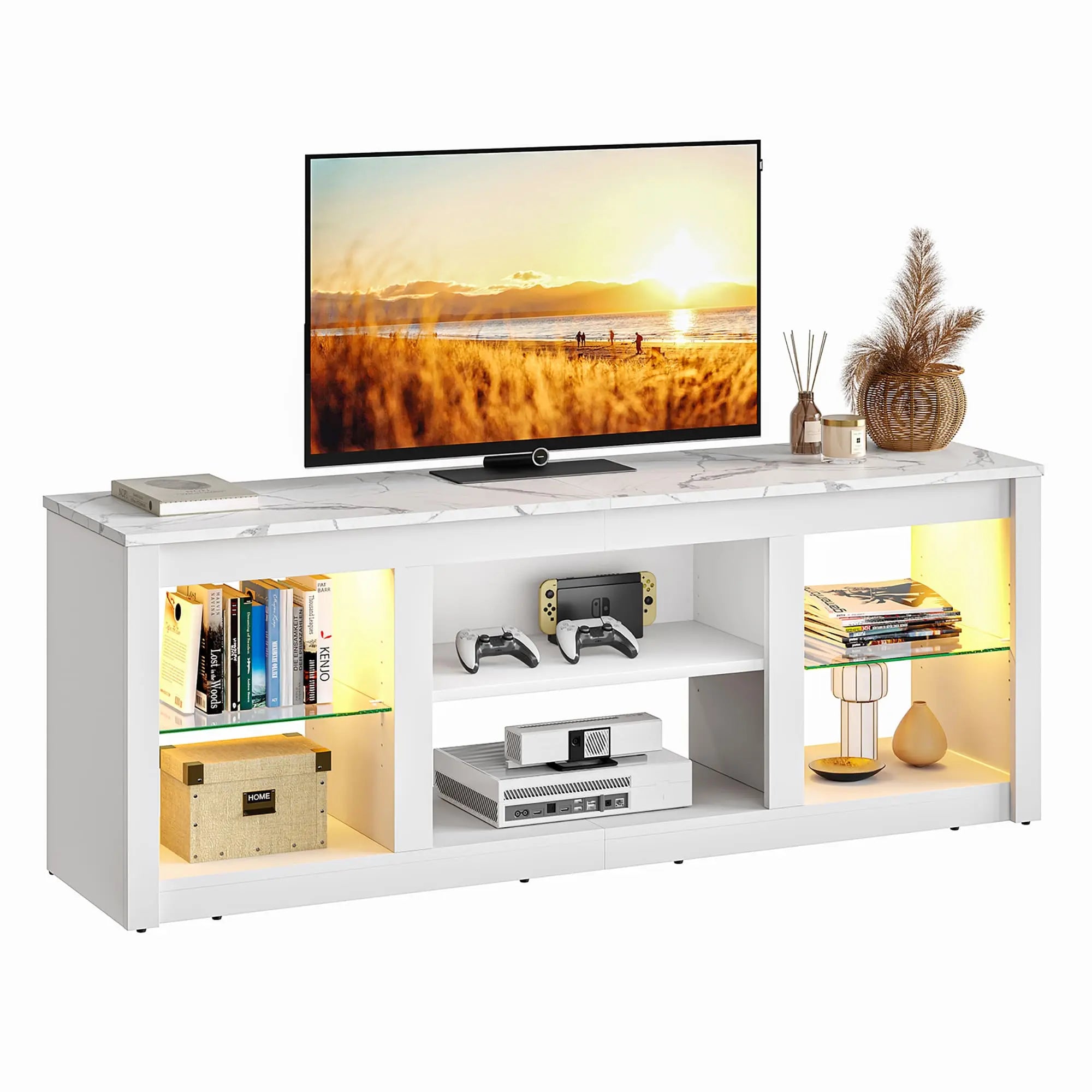 the white marble led tv stand in the white background