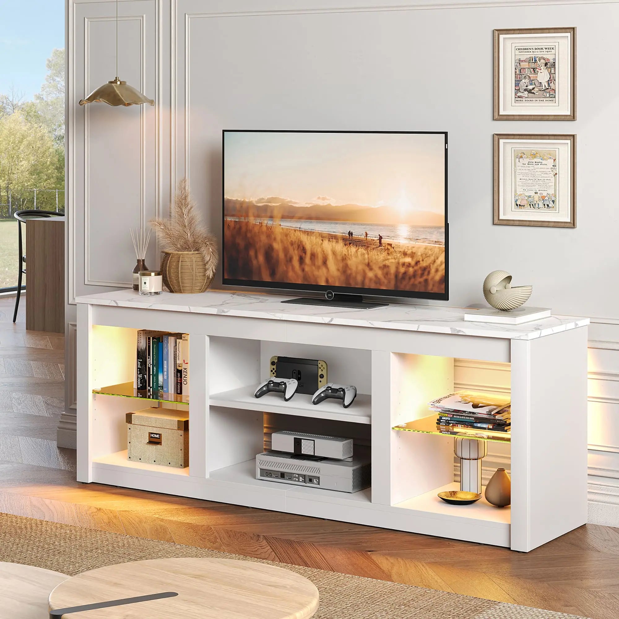 the white marble led tv stand in a cozy room