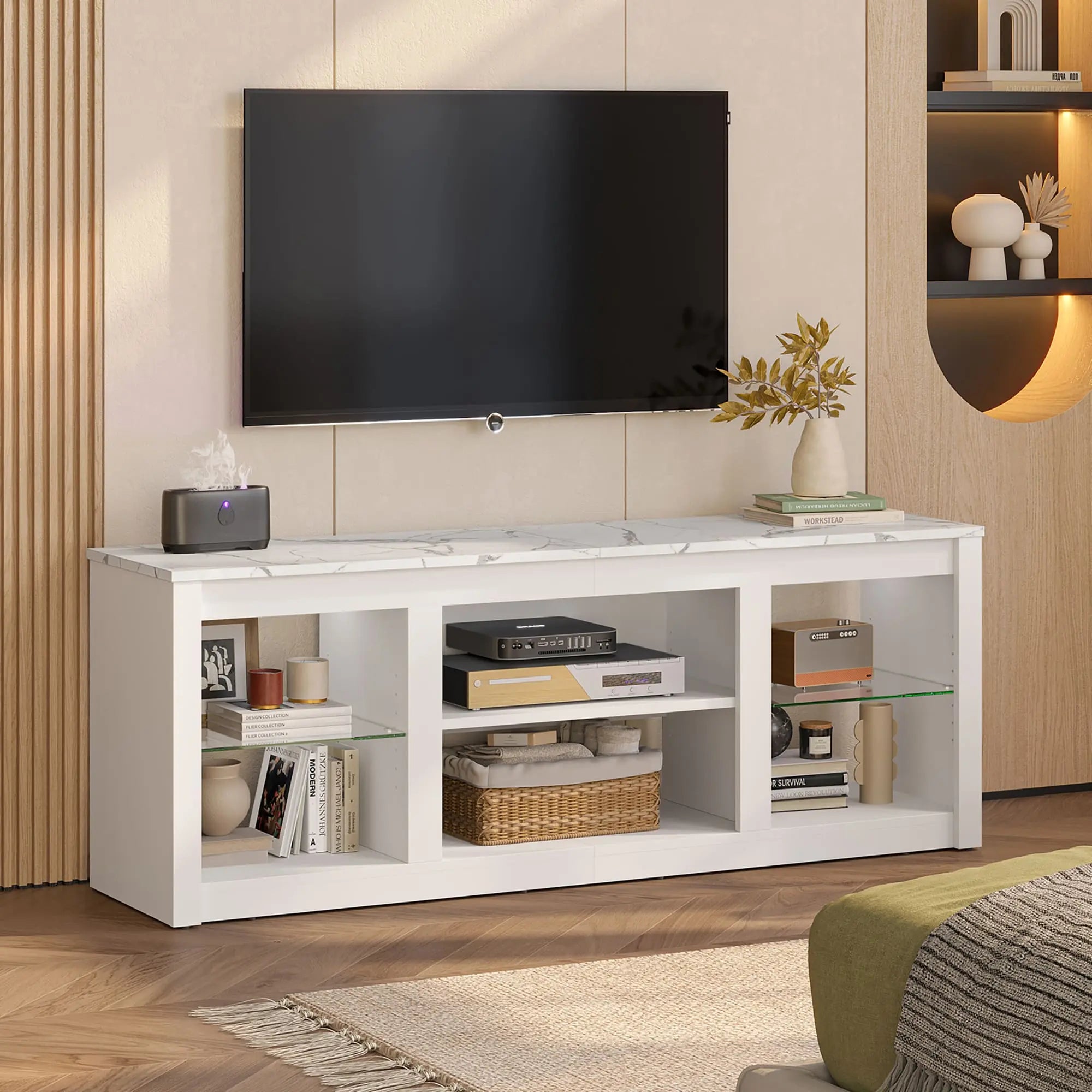 the white mable led tv stand in a room