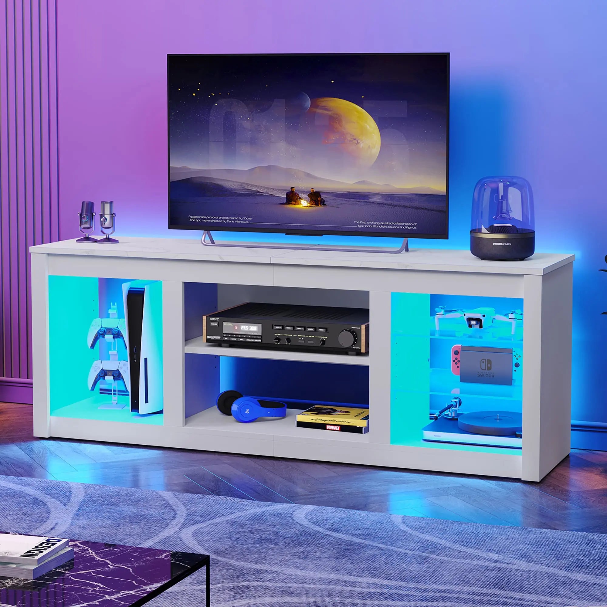 the white marble entertainment center in a room