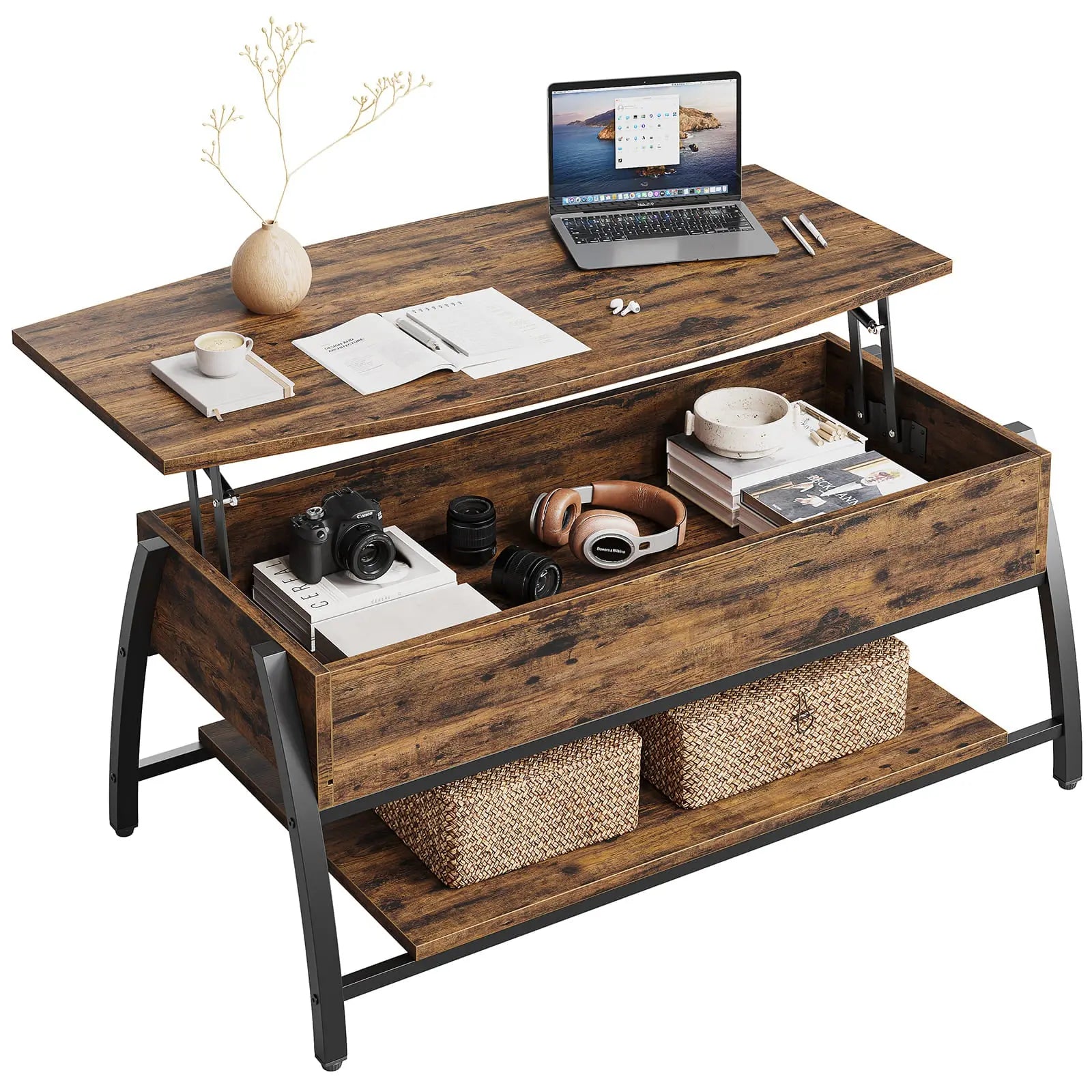 the brown lift top coffee table in the white background