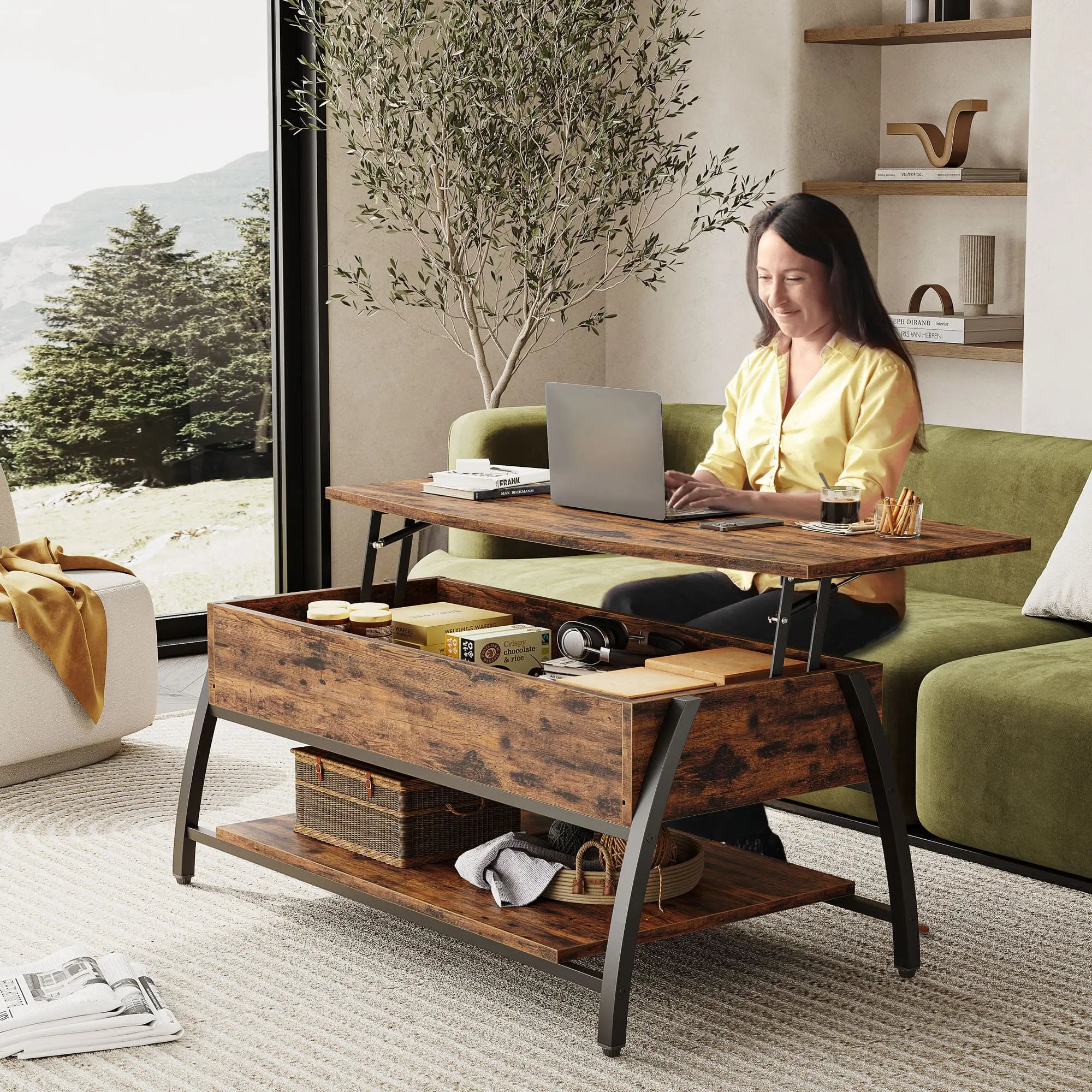 the brown lift top coffee table in a room