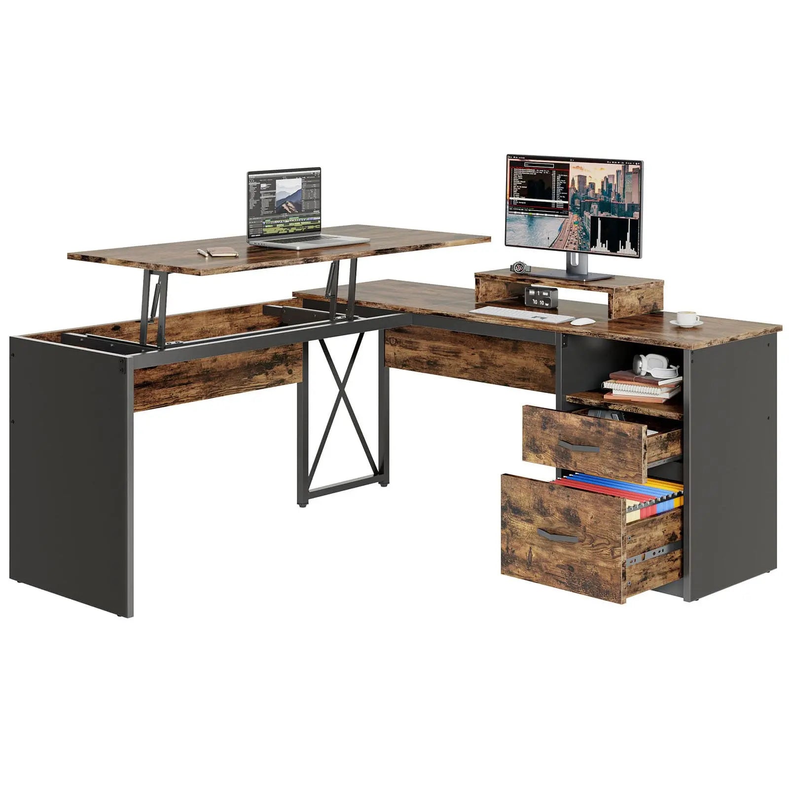 the rustic brown lift top l shaped desk in the white background