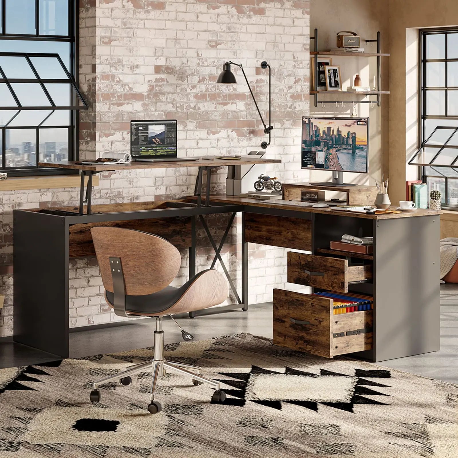 the rustic brown lift top l shaped desk