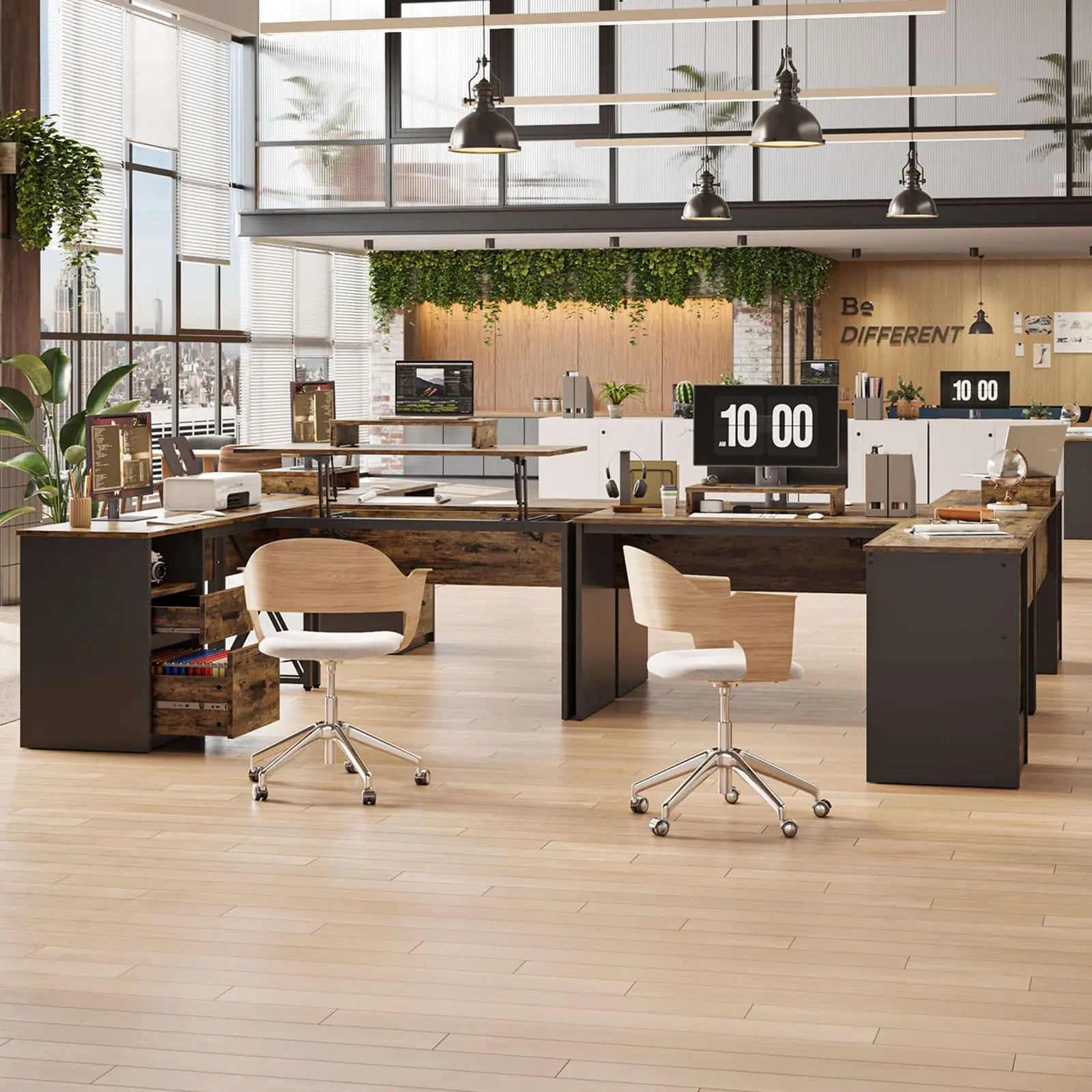 the rustic brown lift top l shaped desk in a room