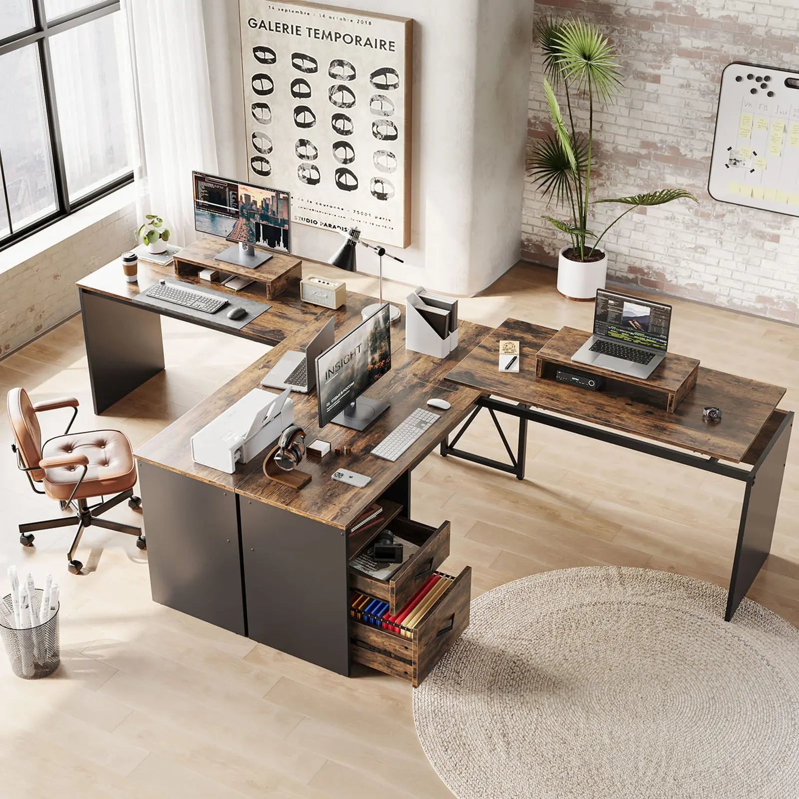 the rustic brown lift top l shaped desk in a home office