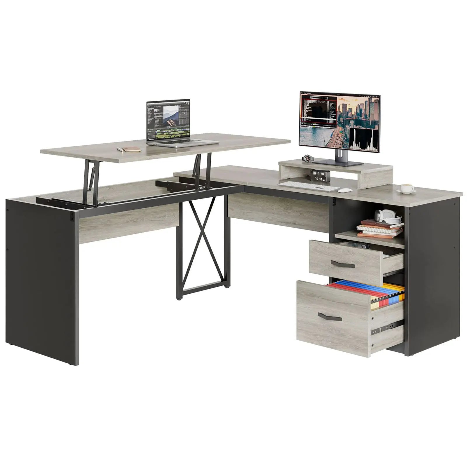 the retro gray oak light lift top l shaped desk in the white background