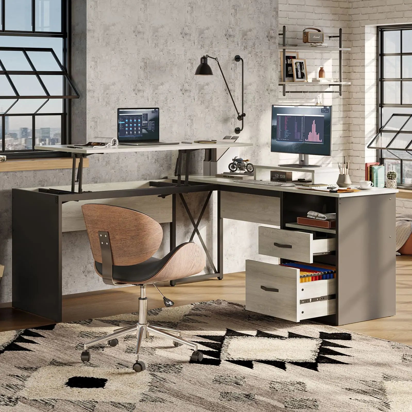 the light grey lift top l shaped desk