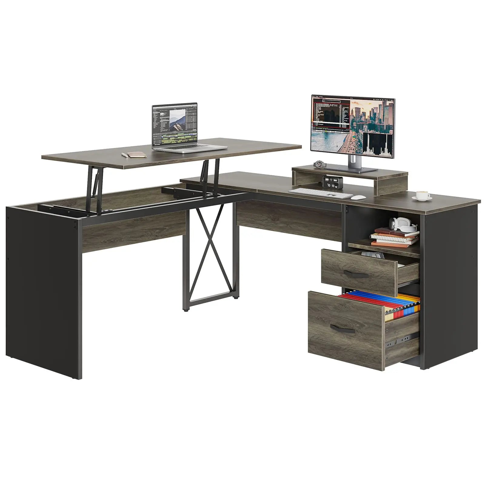 the dark grey lift top l shaped desk in the white background