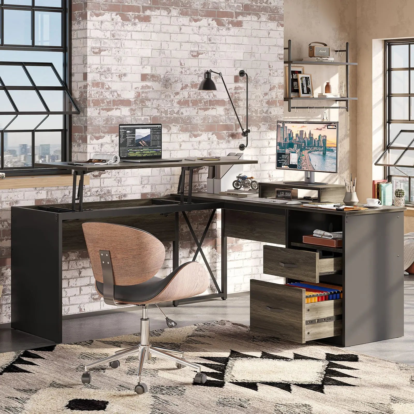 the dark grey lift top l shaped desk