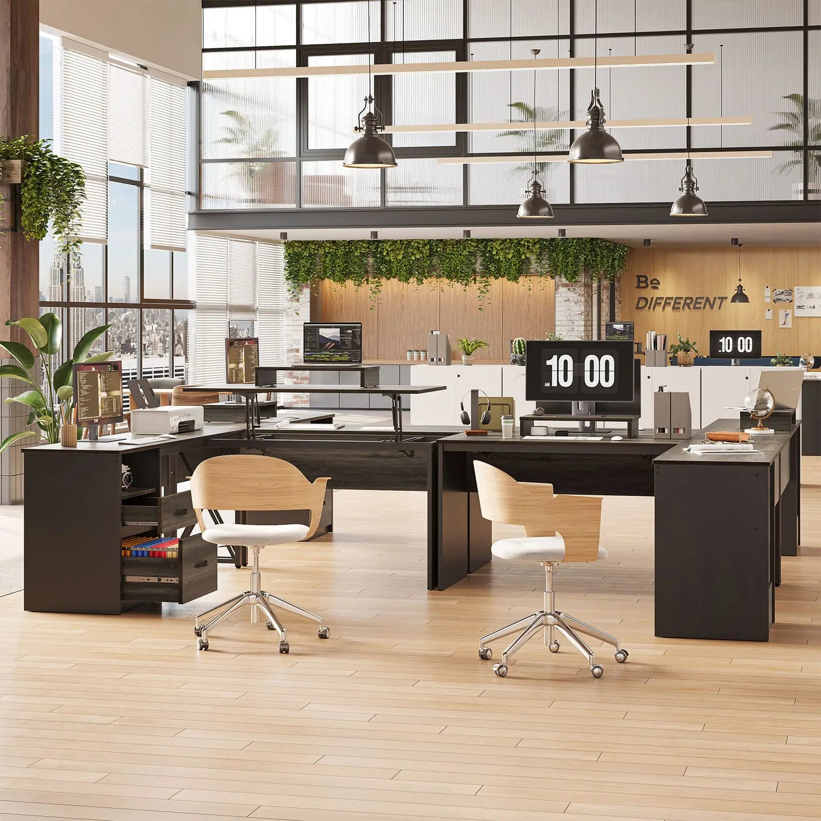 the dark grey lift top l shaped desk in a room