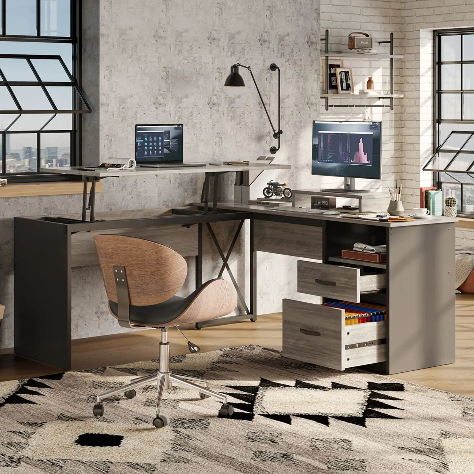 the wash grey lift top l shaped desk