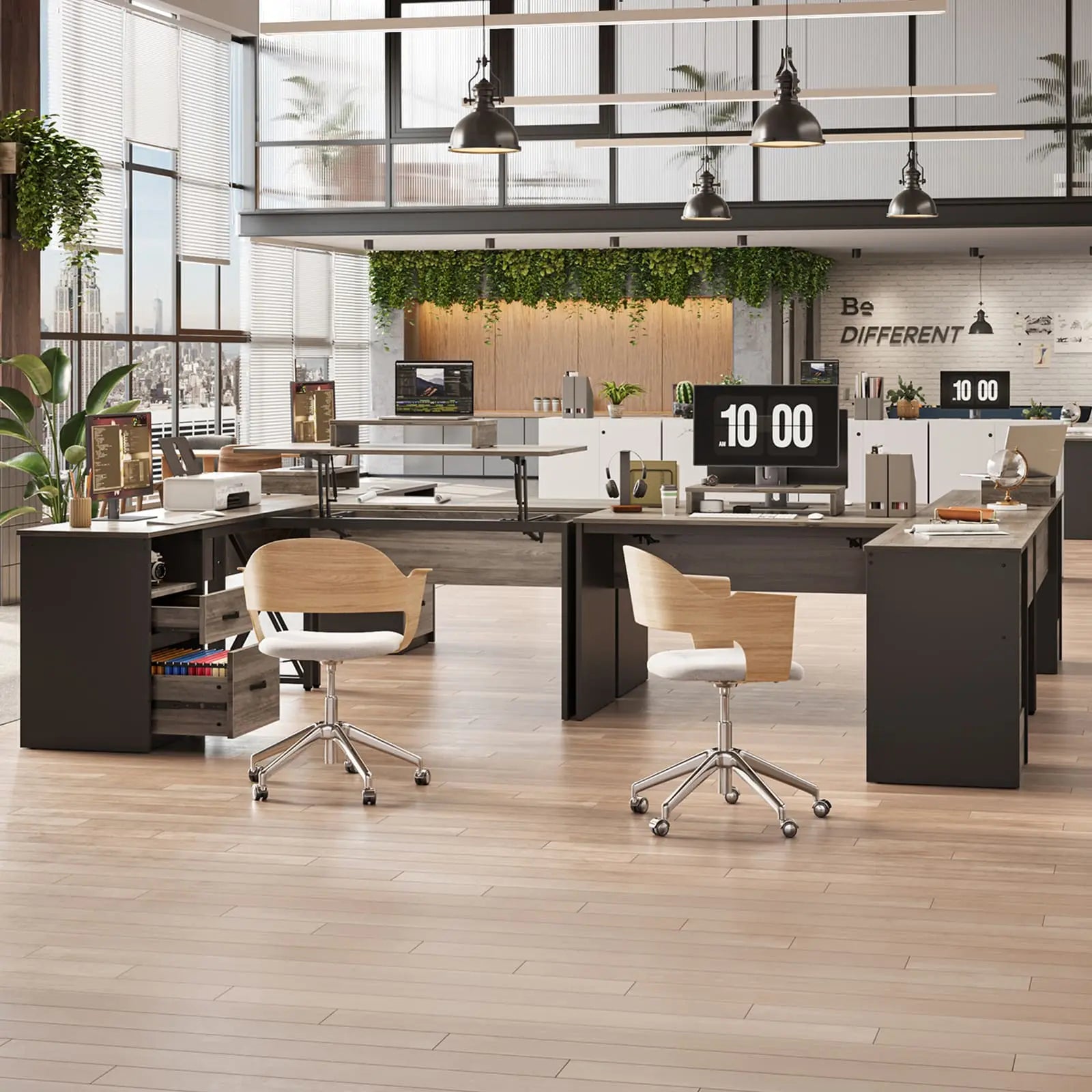 the wash grey lift top l shaped desk in a home office