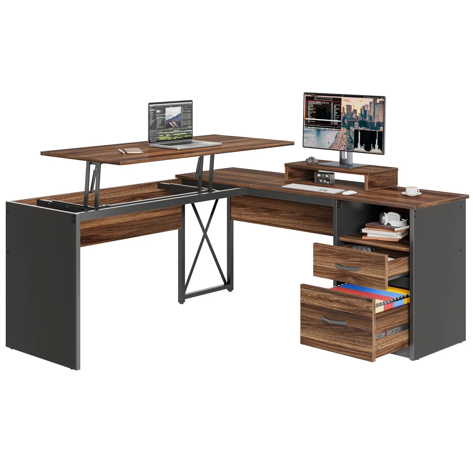 the walnut lift top l shaped desk in the white background