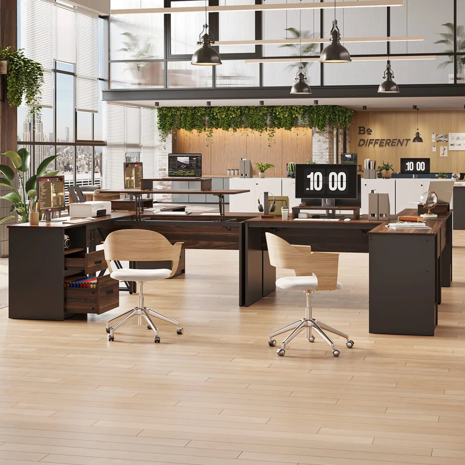 the walnut lift top l shaped desk in a room