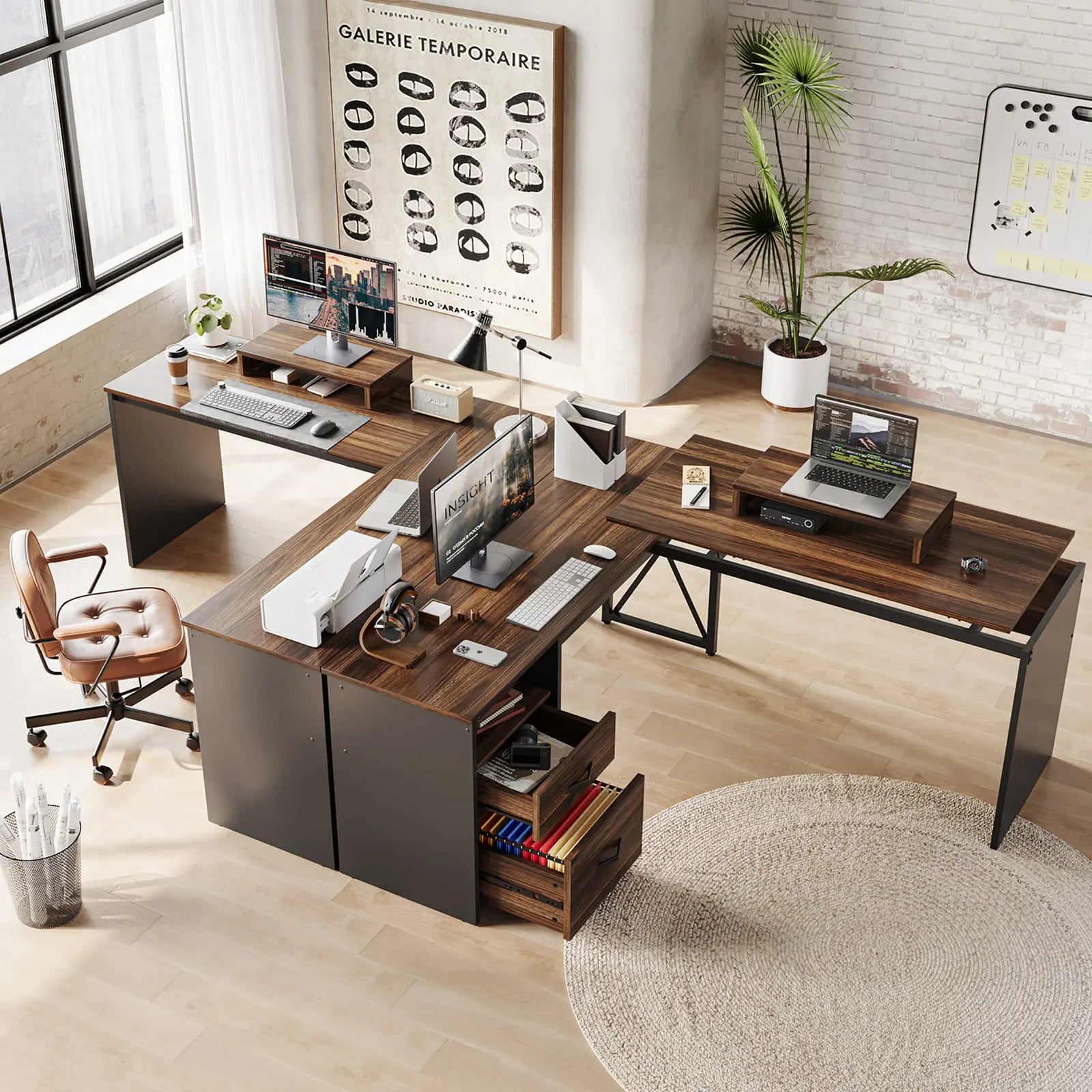 the walnut lift top l shaped desk in a home office