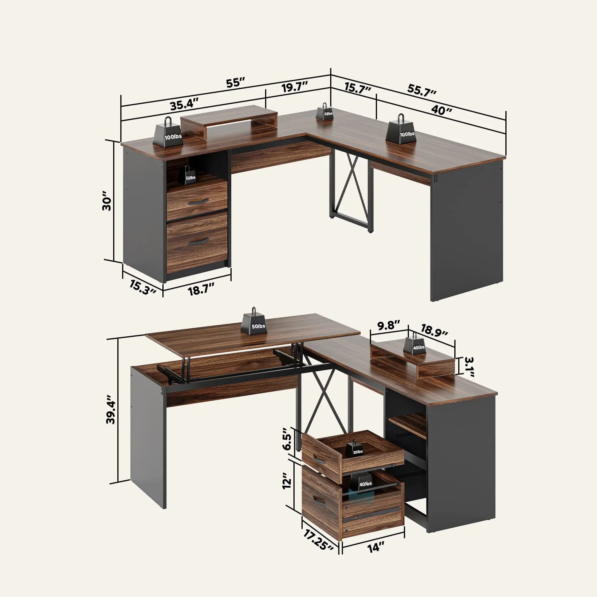 the size of this lift top l shaped desk