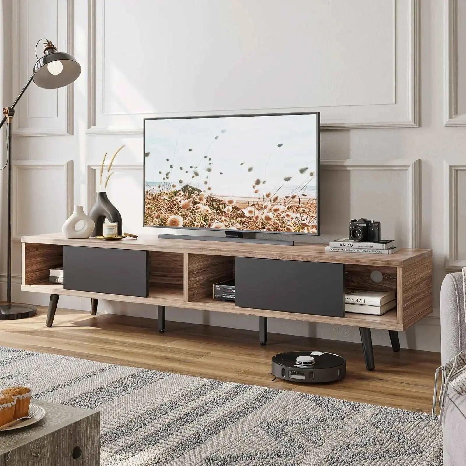 Bestier 70 inch Mid Century Modern TV Stand of Pinewood for 75 inch TV, Low Profile TV Stand with Storage, Entertainment Center for Living Room, Cord Management Bestier