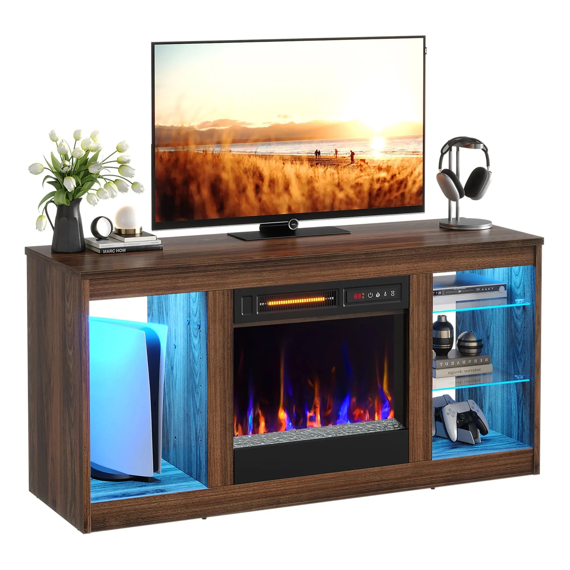 the walnut modern fireplace led tv stand in the white background