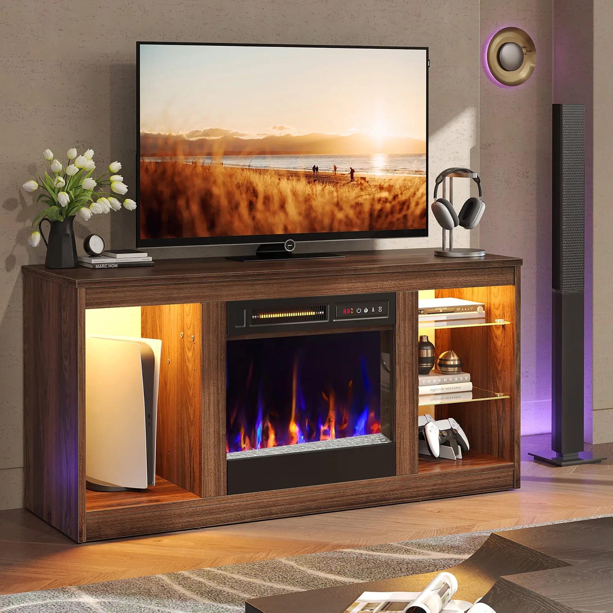 the walnut modern fireplace led tv stand in a room