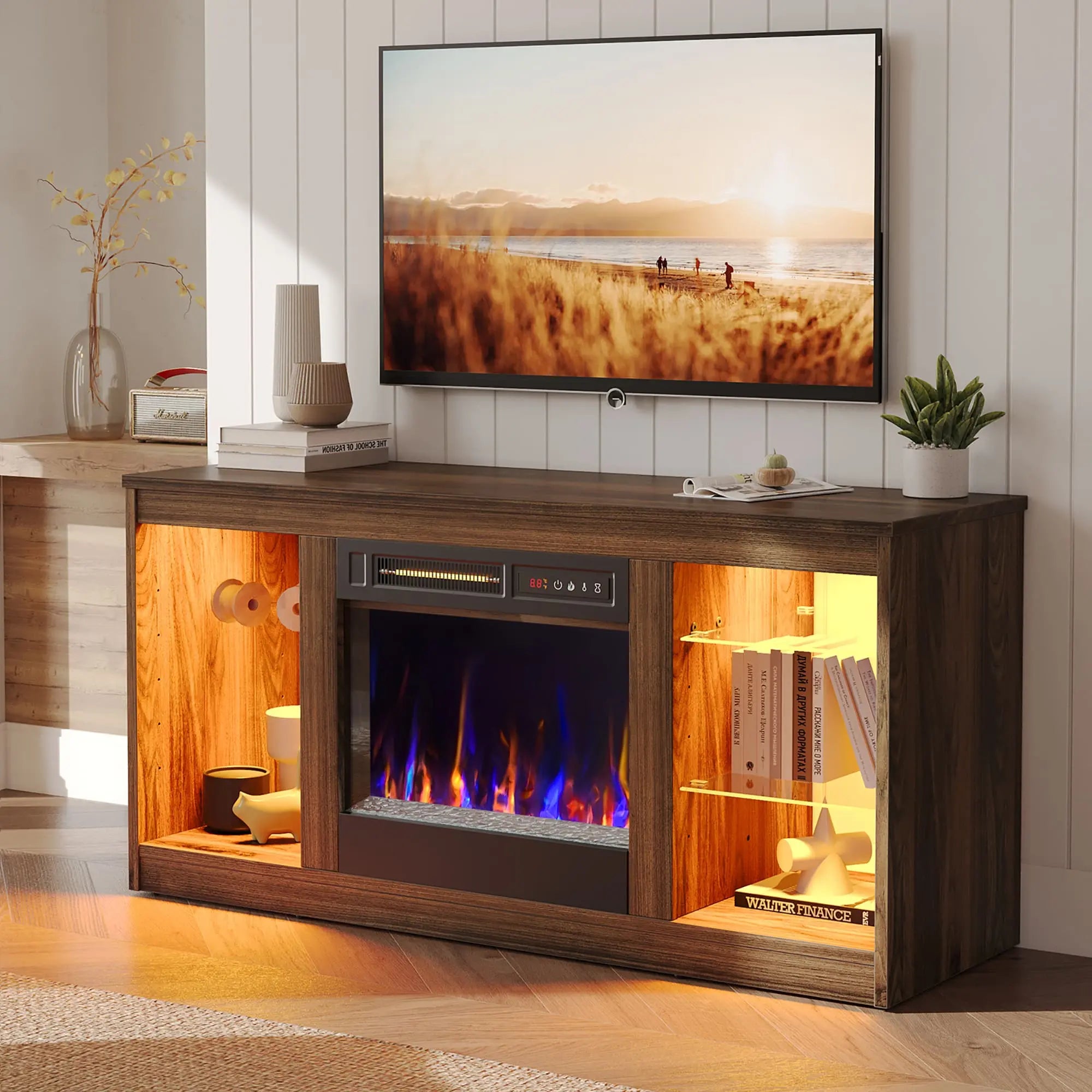 the walnut modern fireplace tv stand in a cozy room